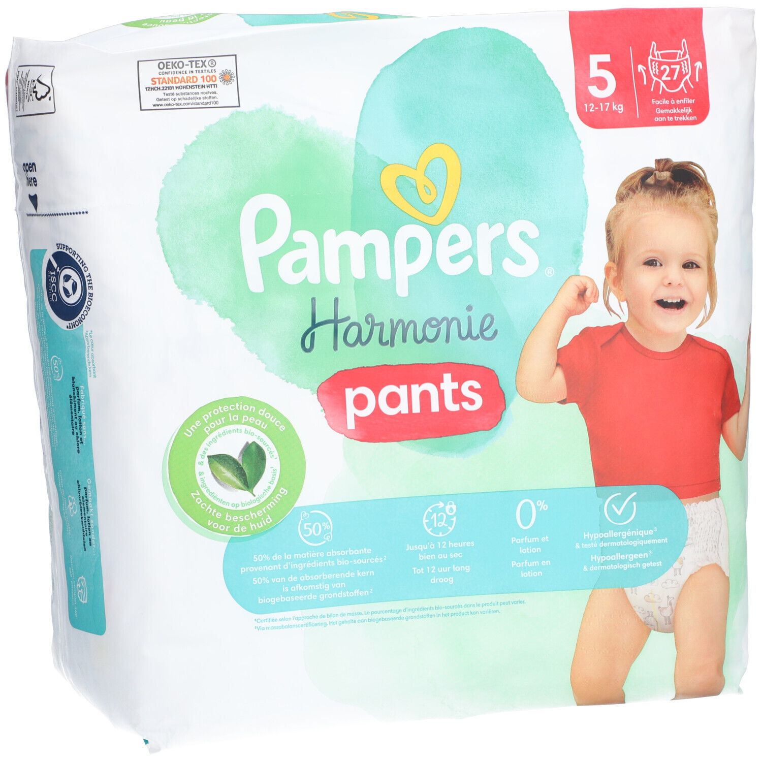 PAMPERS HARMONIE PANTS -  Couche-culotte à enfiler. Taille 5, 12 kg à 17 kg - sac 27