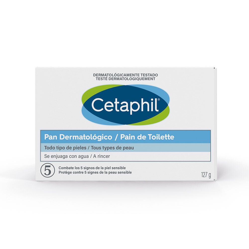 Emballage de Pain de Toilette Cetaphil. Boîte blanche avec logo bleu et informations produit. 127g.