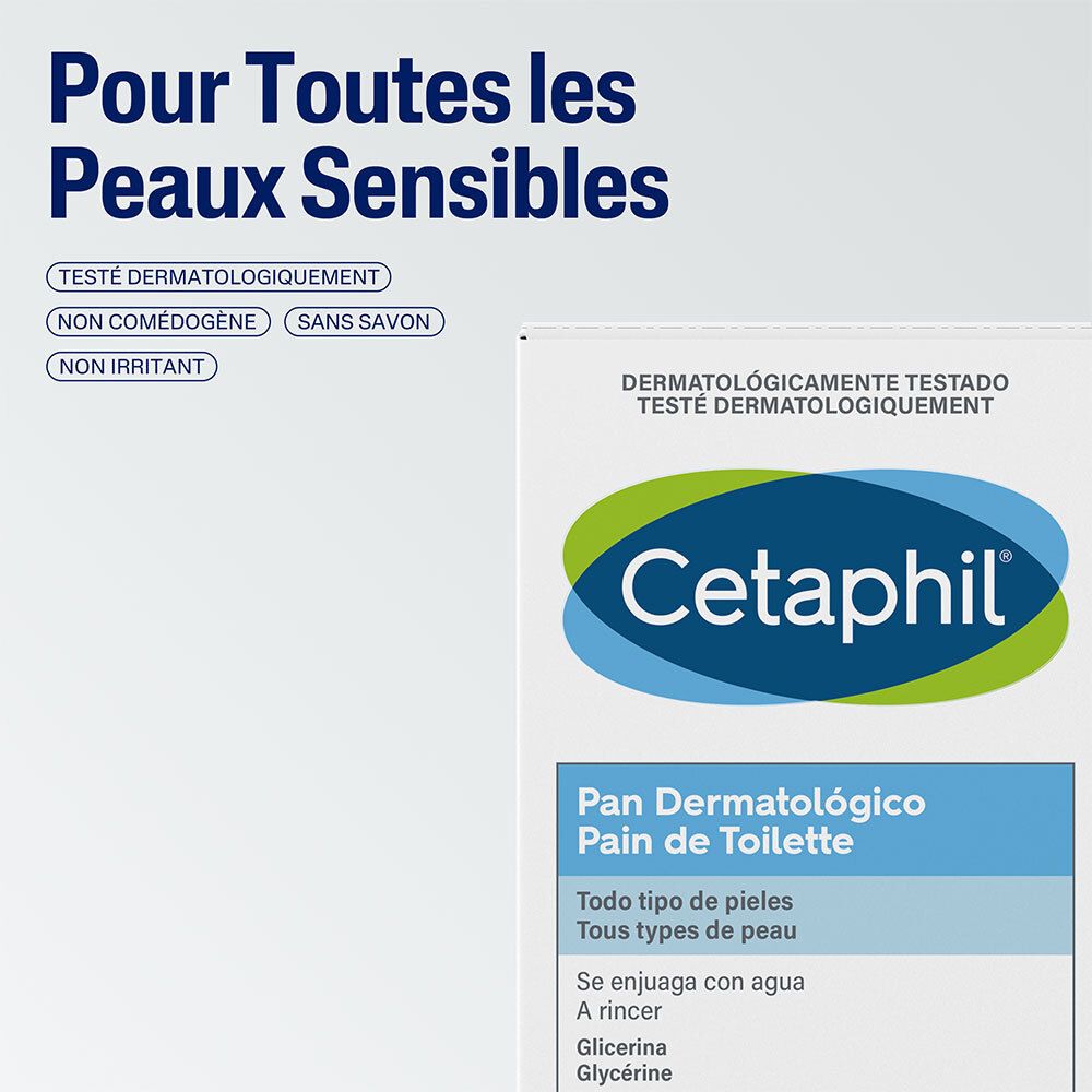 Détail de l'emballage Pain de Toilette Cetaphil. Texte : Pour toutes les peaux sensibles. Non comédogène, sans savon, non irritant.