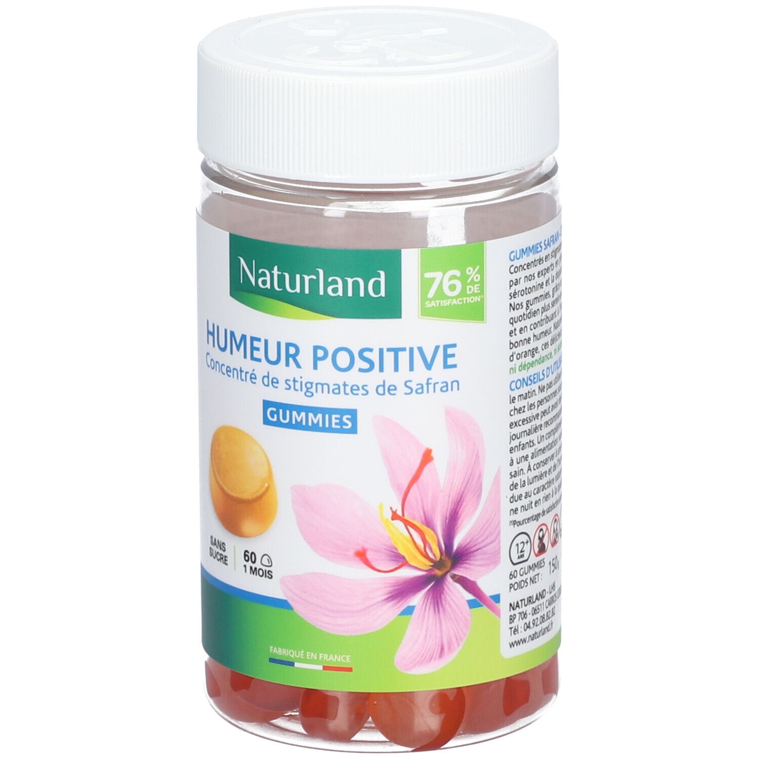 Boîte transparente de gummies. Étiquette Naturland, texte 'Humeur Positive' et fleur de safran. 60 gummies.