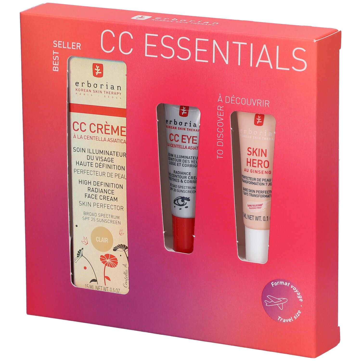Coffret avec trois produits. Visible : CC Crème, CC Eye, Skin Hero. Emballage avec fenêtre. Texte : CC ESSENTIALS, Clair, Format voyage.