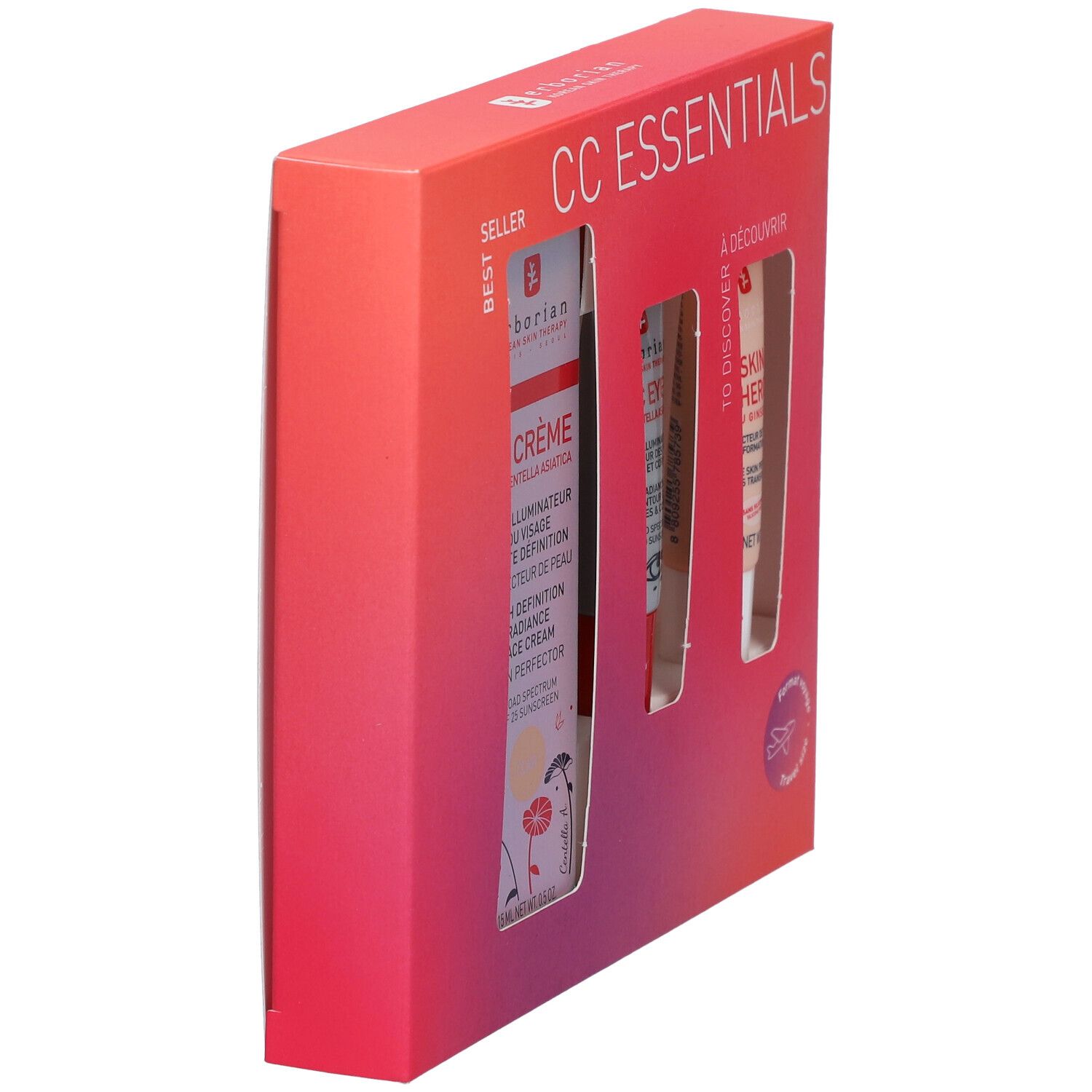 Vue latérale du coffret cadeau. Visible : CC ESSENTIALS. Emballage dégradé rouge-rose. Fenêtres pour produits. Texte : CC Crème.