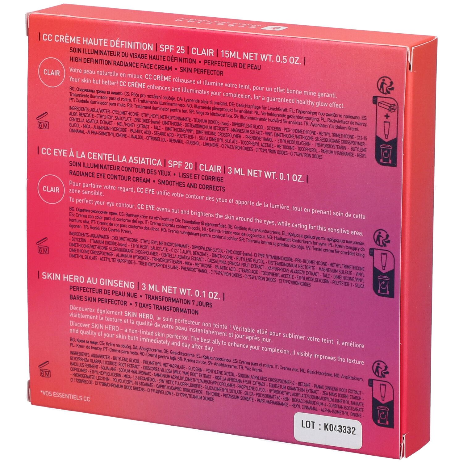 Dos du coffret cadeau. Texte : CC Crème, CC Eye, Skin Hero. Ingrédients en plusieurs langues. Dégradé de rouge à rose.