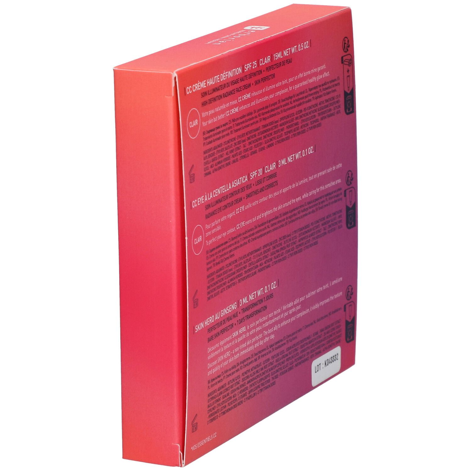 Vue latérale du coffret cadeau. Texte : CC Crème, CC Eye, Skin Hero. Dégradé de rouge à rose. Texte : Clair, 15ml, 3ml.