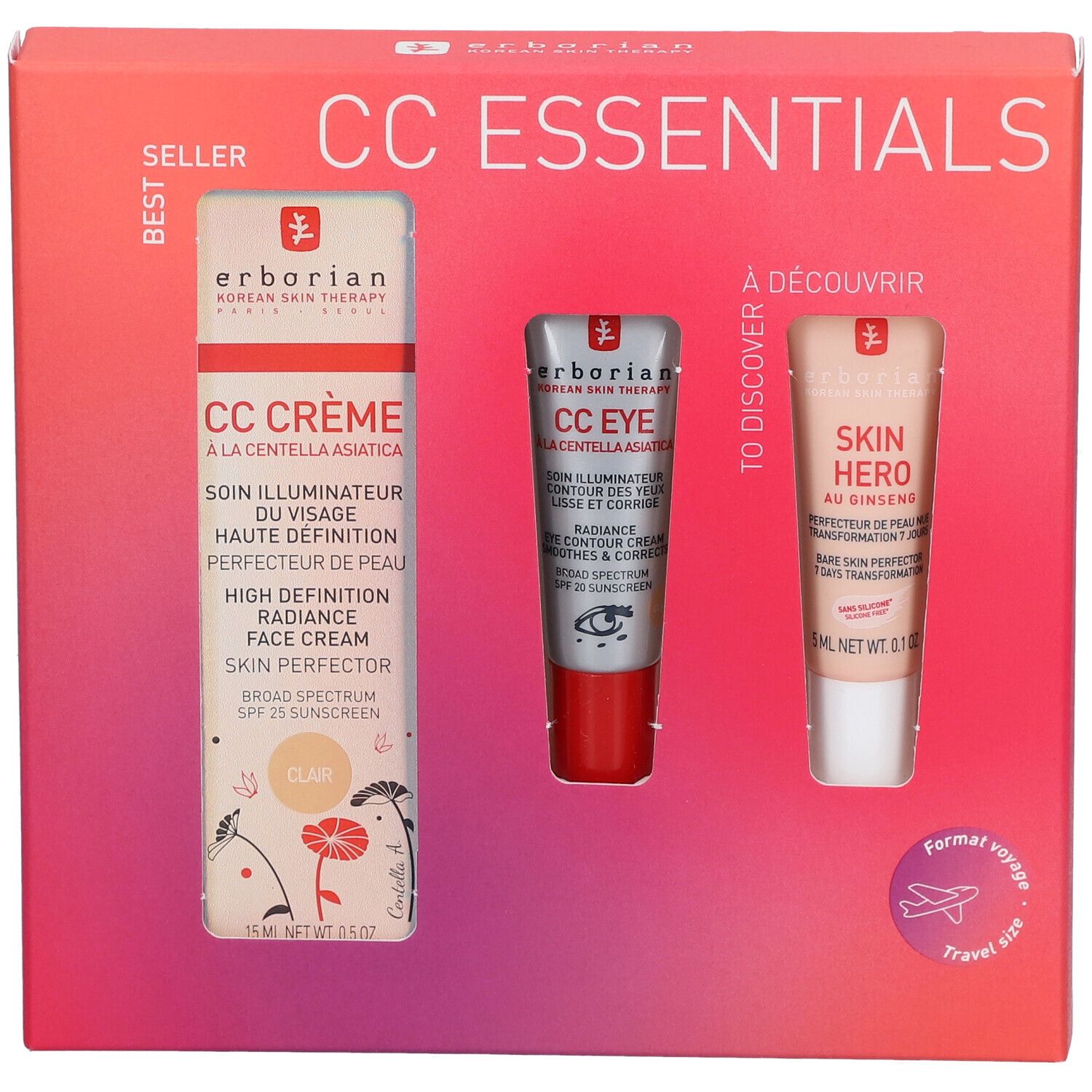 Coffret avec trois produits. Visible : CC Crème, CC Eye, Skin Hero. Emballage avec fenêtre. Texte : CC ESSENTIALS, Clair, Format voyage.