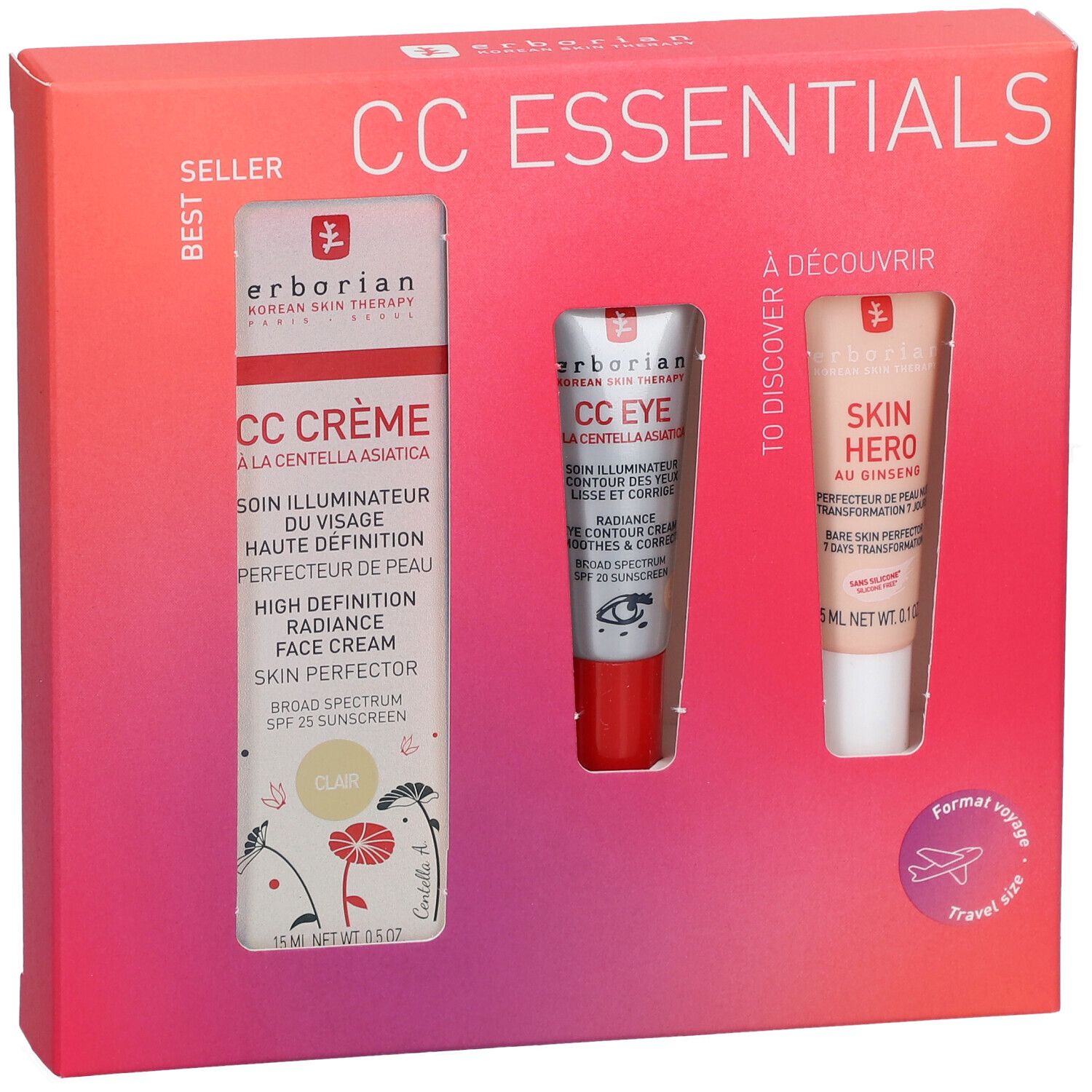 Coffret avec trois produits. Visible : CC Crème, CC Eye, Skin Hero. Emballage avec fenêtre. Texte : CC ESSENTIALS, Clair, Format voyage.