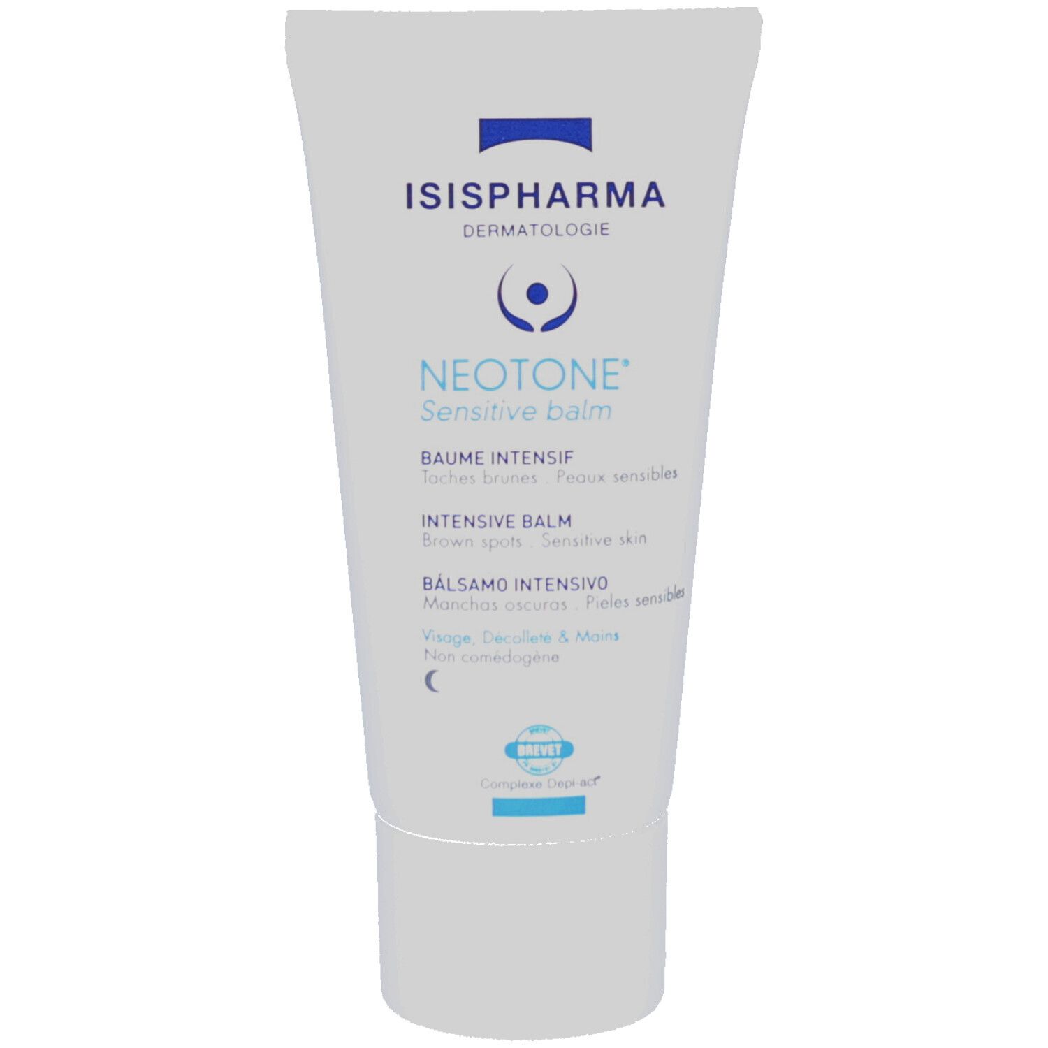 Tube blanche ISISPHARMA Neotone Sensitive Balm. Texte: Baume Intensif, Taches brunes, Peaux sensibles.