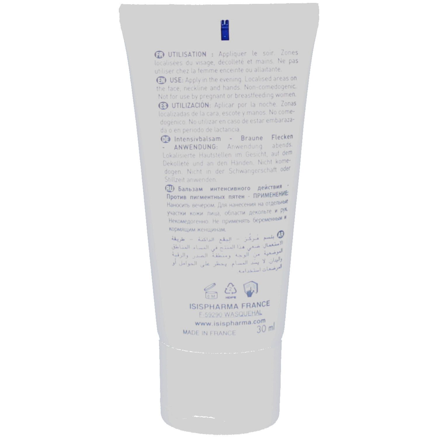 Dos du tube. Instructions d'utilisation multilingues. ISISPHARMA, Fabriqué en France, 30 ml.