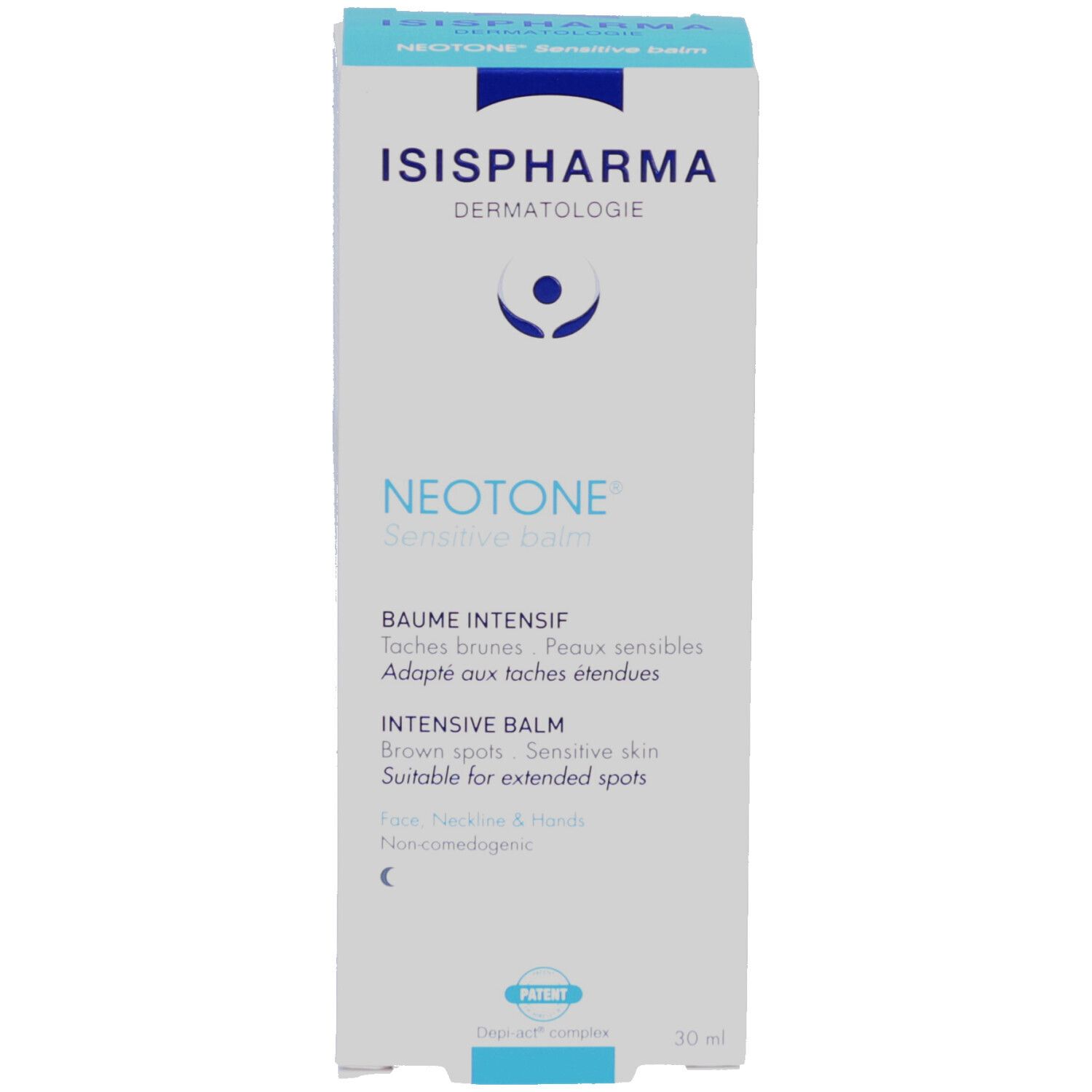 Emballage du produit. ISISPHARMA, Neotone Sensitive Balm. Texte: Baume Intensif, Taches brunes, Peaux sensibles.