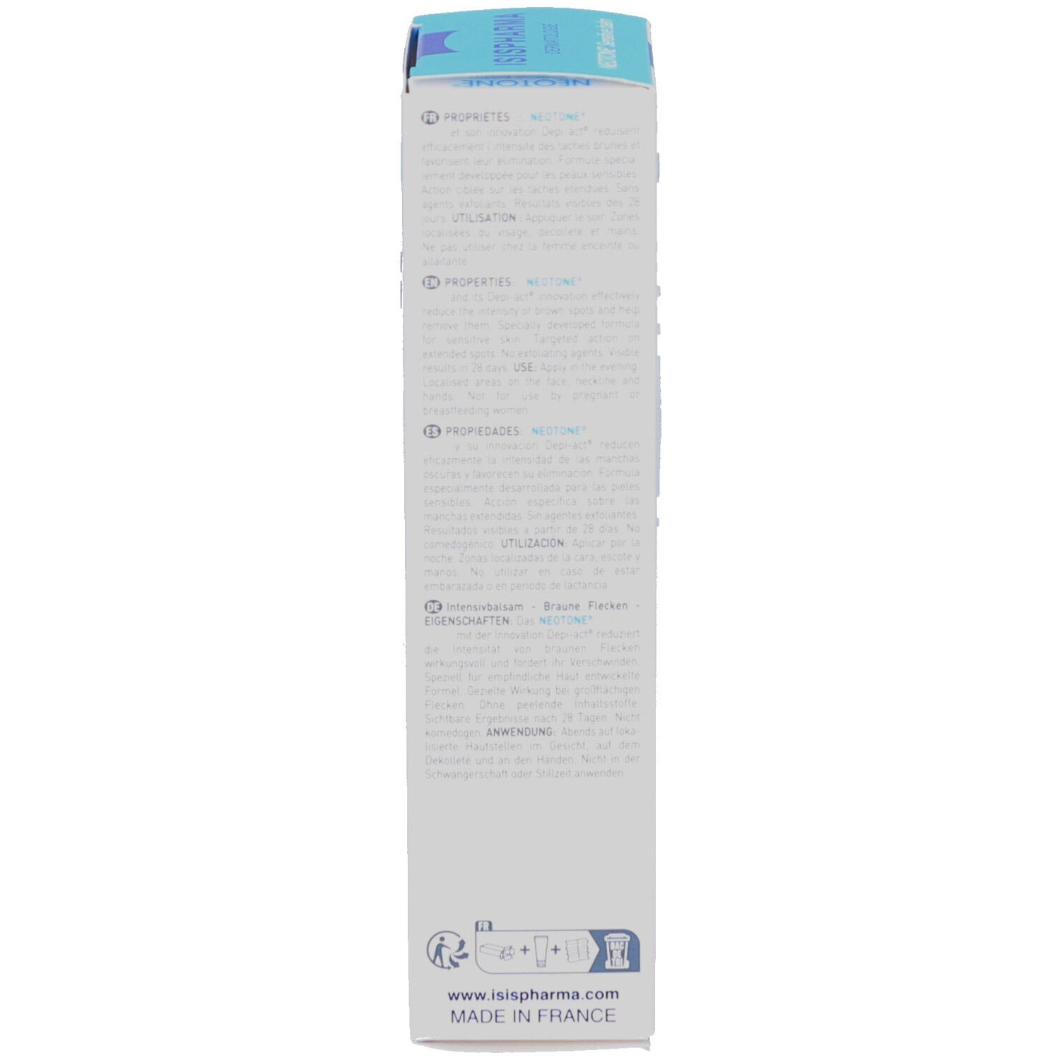 Dos de l'emballage. Texte multilingue. ISISPHARMA, Fabriqué en France, 30 ml.