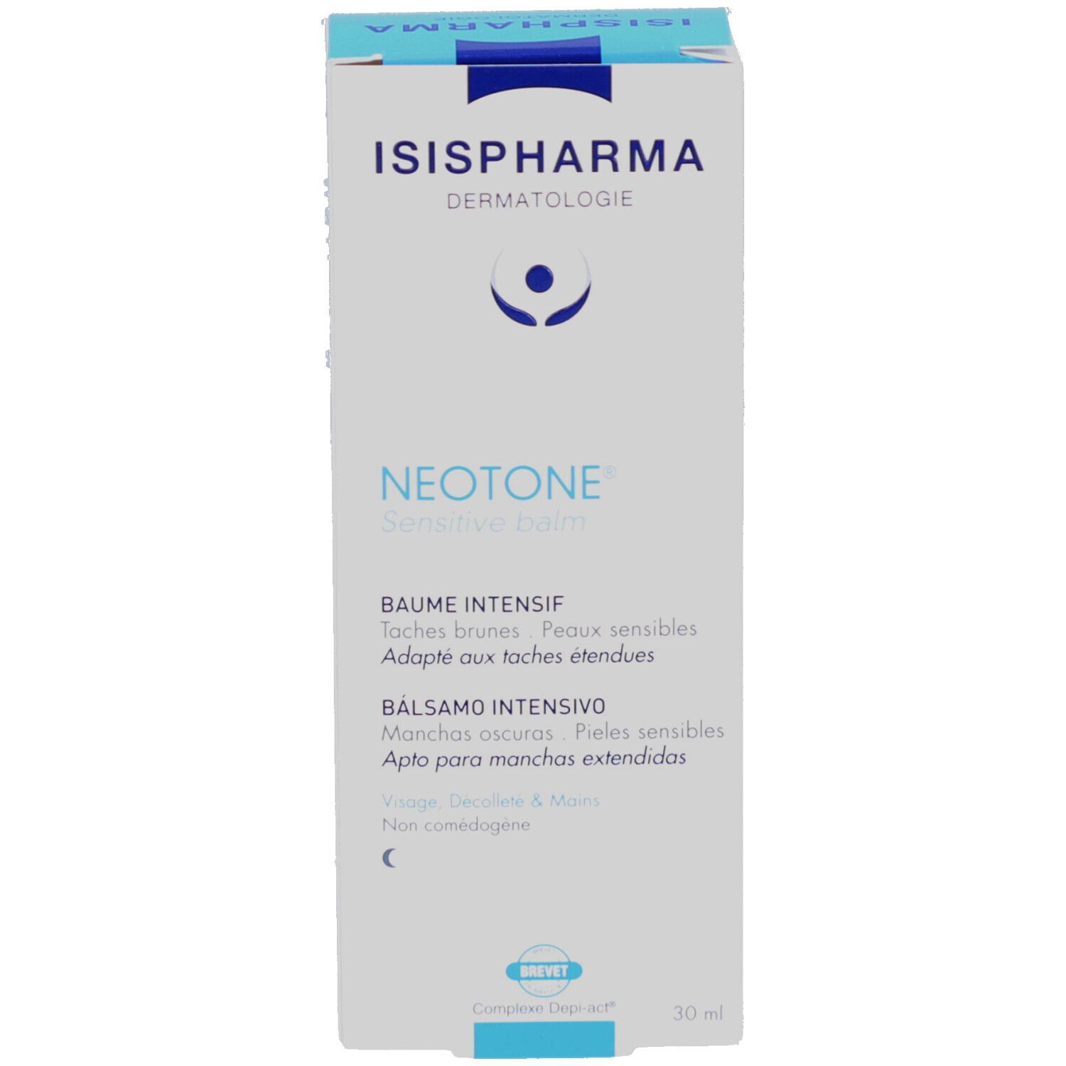 Emballage du produit. ISISPHARMA, Neotone Sensitive Balm. Texte: Baume Intensif, Taches brunes, Peaux sensibles.