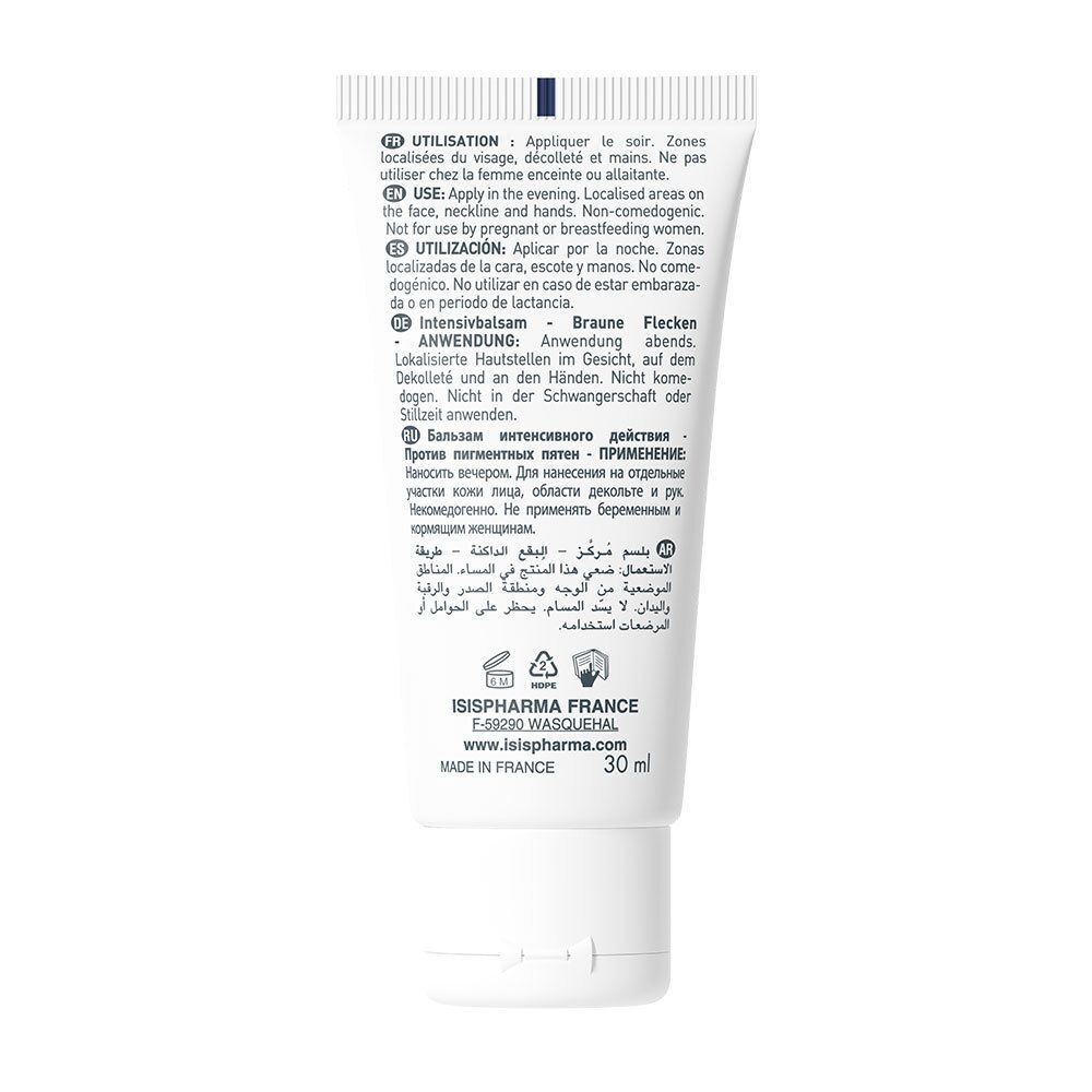 Dos du tube. Instructions d'utilisation multilingues. ISISPHARMA, Fabriqué en France, 30 ml.