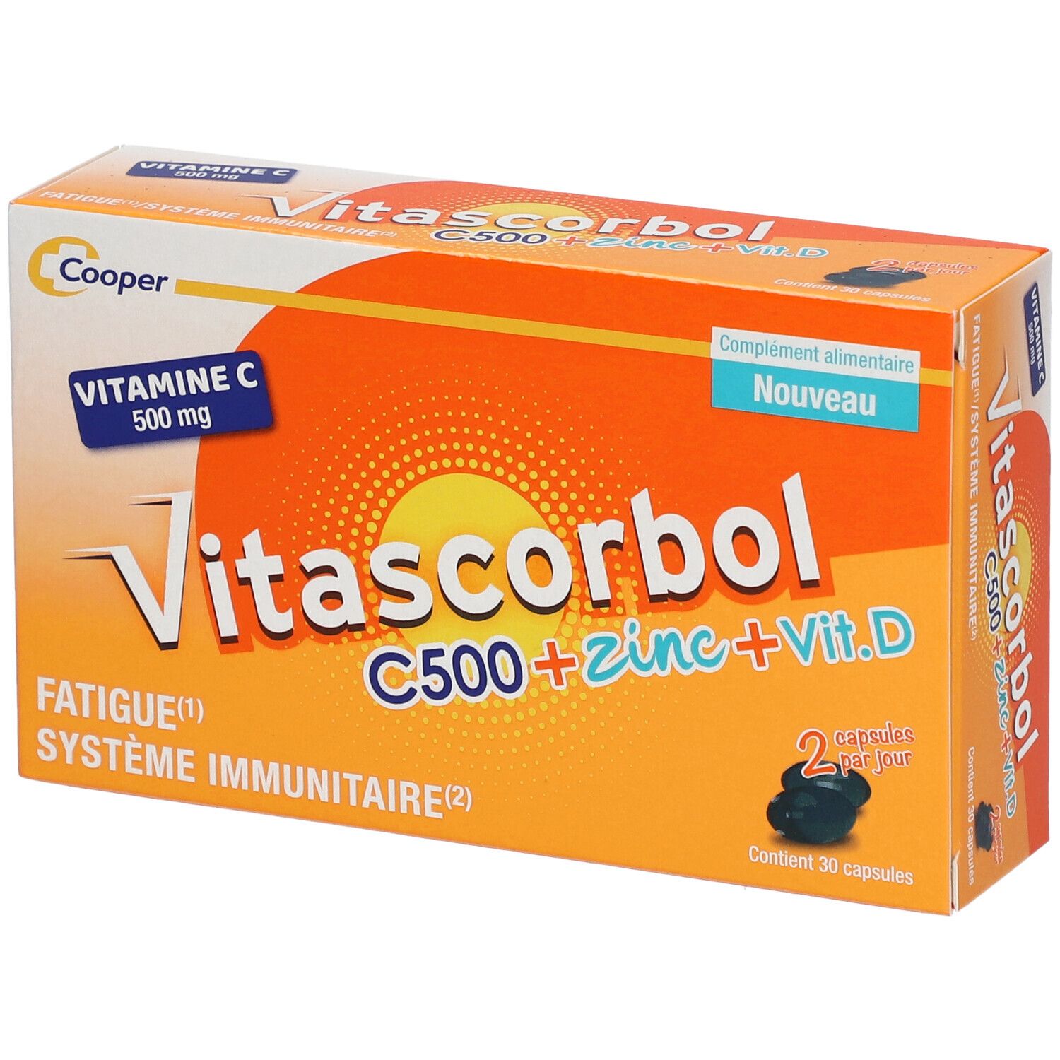 Boîte Vitascorbol C500+Zinc+Vit.D. Boîte orange avec nom du produit et informations. Contient 30 capsules.