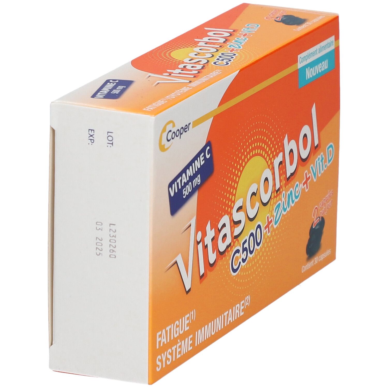 Boîte de Vitascorbol C500+Zinc+Vit.D. Emballage orange avec nom du produit et informations. Visible: 'Nouveau'.