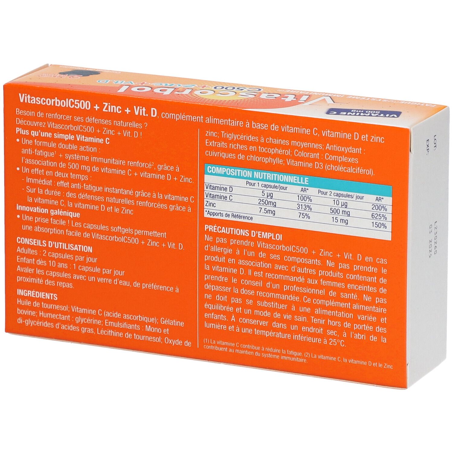Dos de l'emballage Vitascorbol C500+Zinc+Vit.D. Contient des informations sur les ingrédients, l'utilisation et les valeurs nutritionnelles.