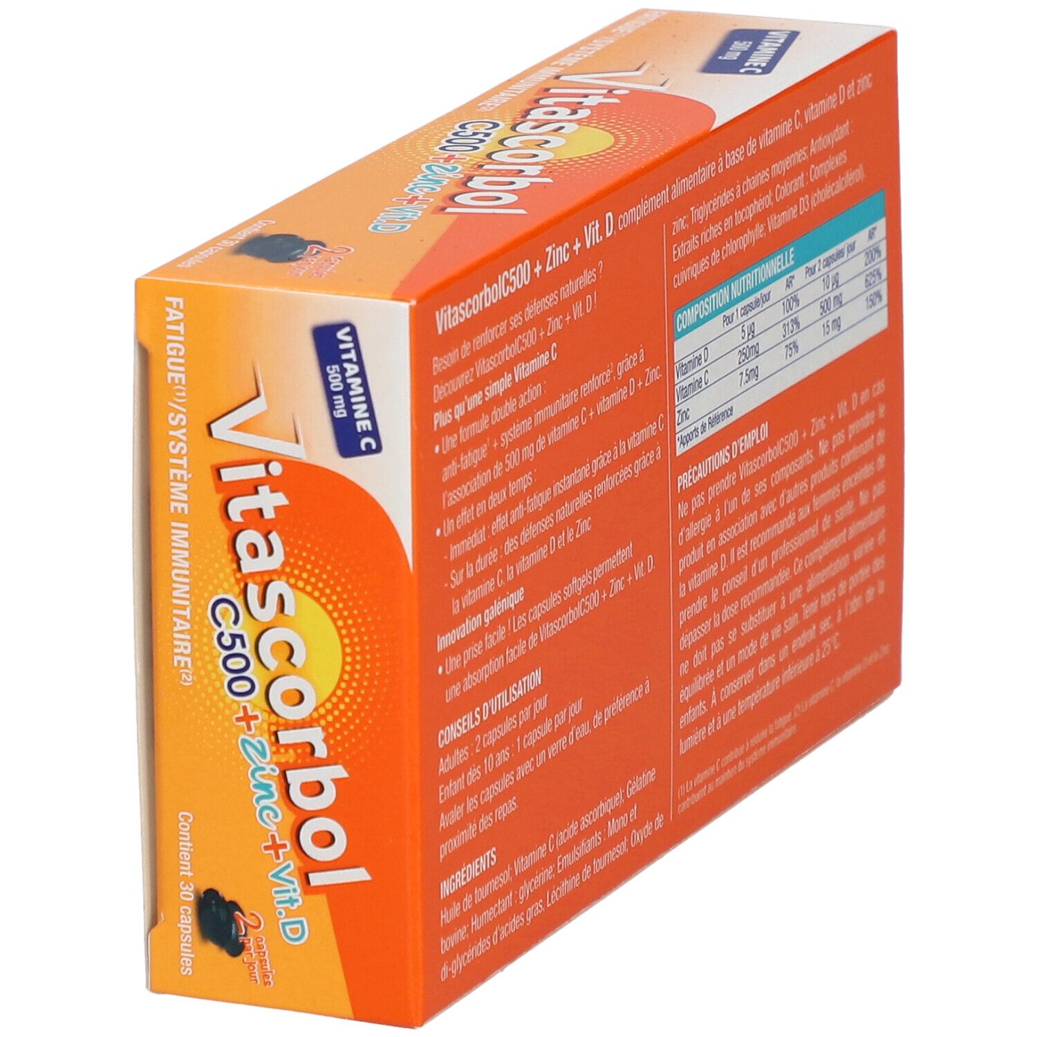 Boîte de Vitascorbol C500+Zinc+Vit.D. Emballage orange avec nom du produit et informations. Contient 30 capsules.