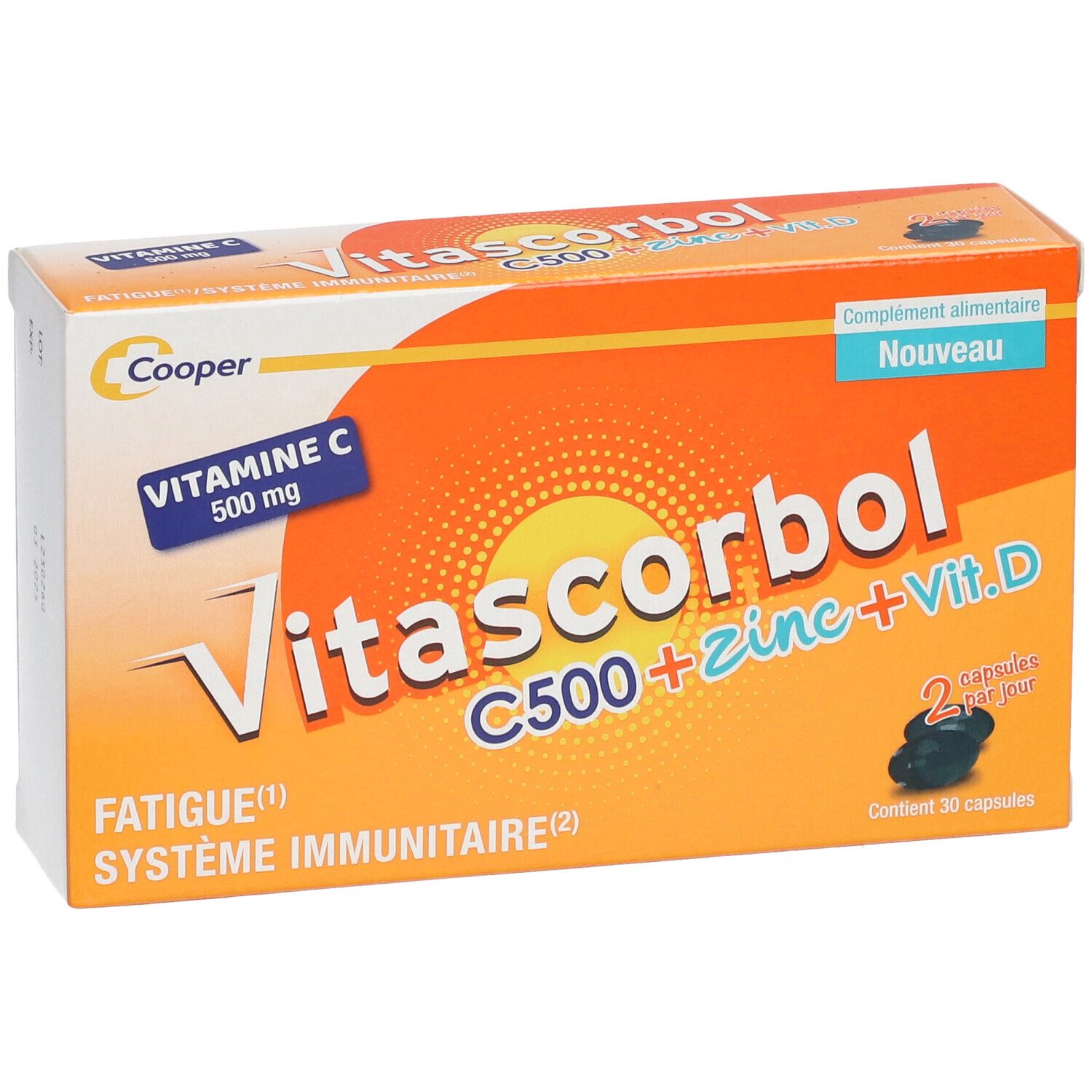 Emballage Vitascorbol C500+Zinc+Vit.D. Boîte orange avec nom du produit et informations. Contient 30 capsules.