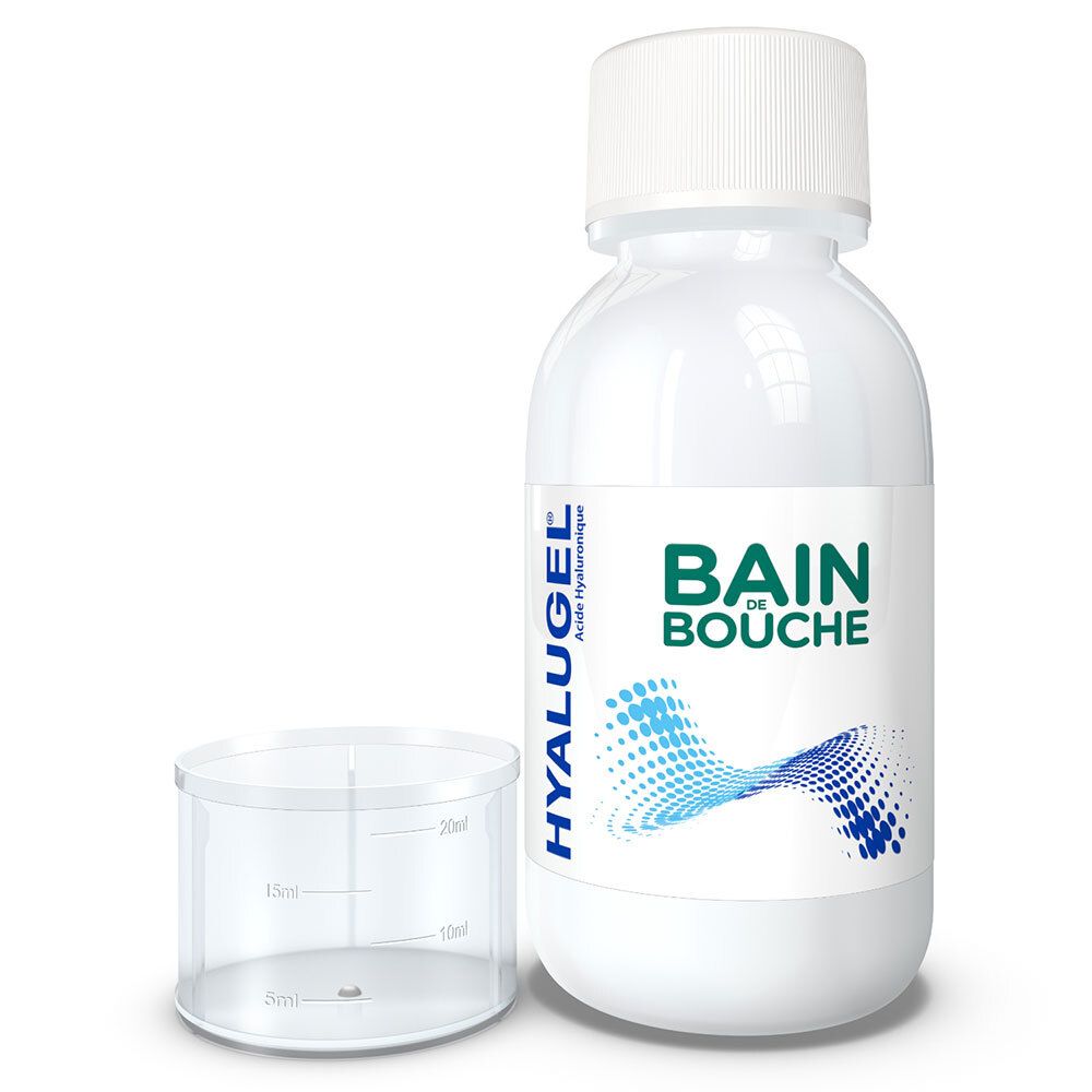Flacon de Hyalugel Bain de bouche et gobelet doseur. Flacon blanc, gobelet transparent.