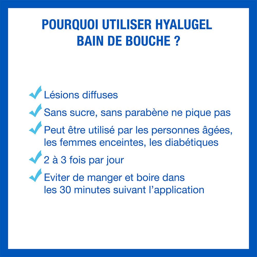 Infographie bleue : Pourquoi utiliser Hyalugel Bain de bouche ? Lésions diffuses, sans sucre, femmes enceintes, 2-3 fois/jour.