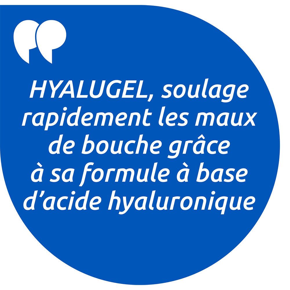 Infographie bleue : Hyalugel soulage rapidement les maux de bouche grâce à sa formule à l'acide hyaluronique.