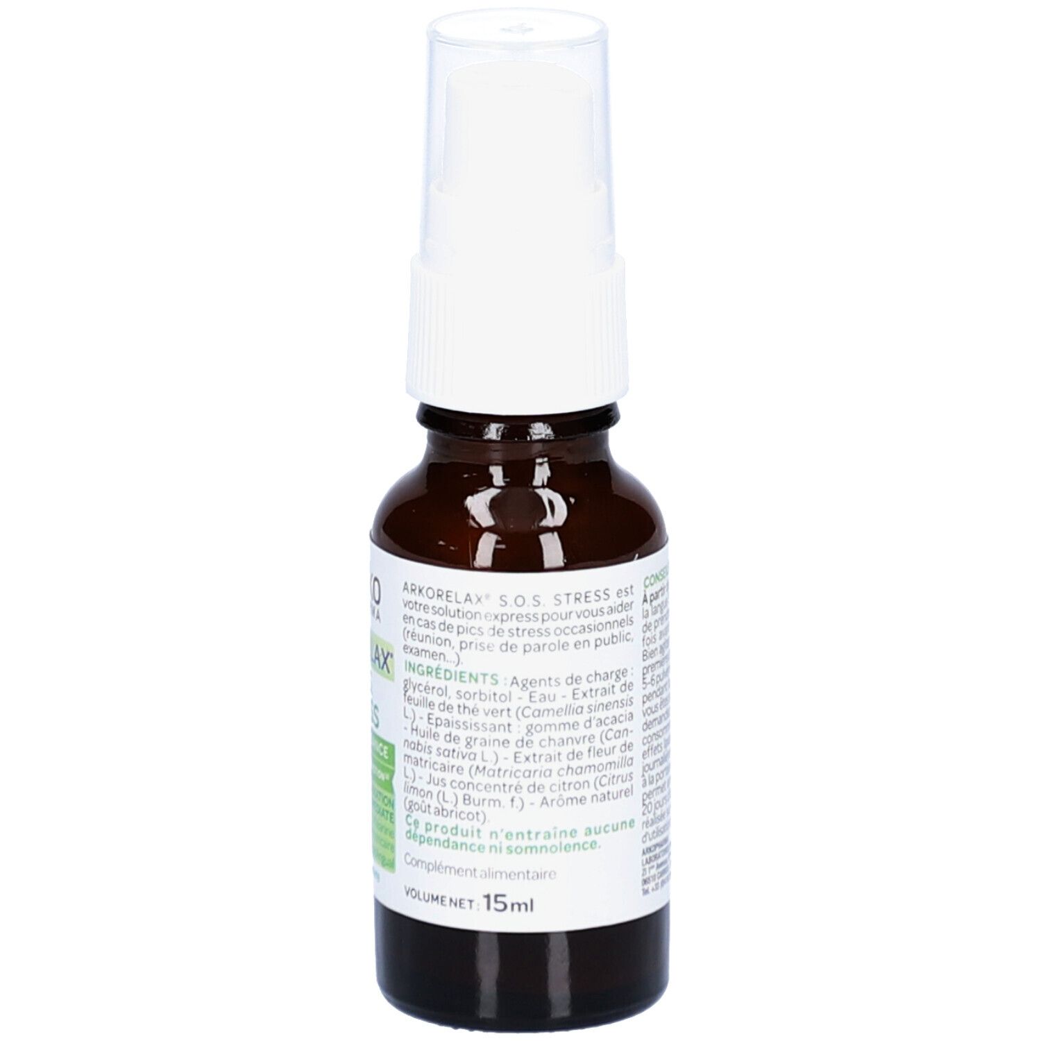 Flacon en verre brun avec vaporisateur blanc. Étiquette avec ingrédients et volume. Vue arrière du produit.