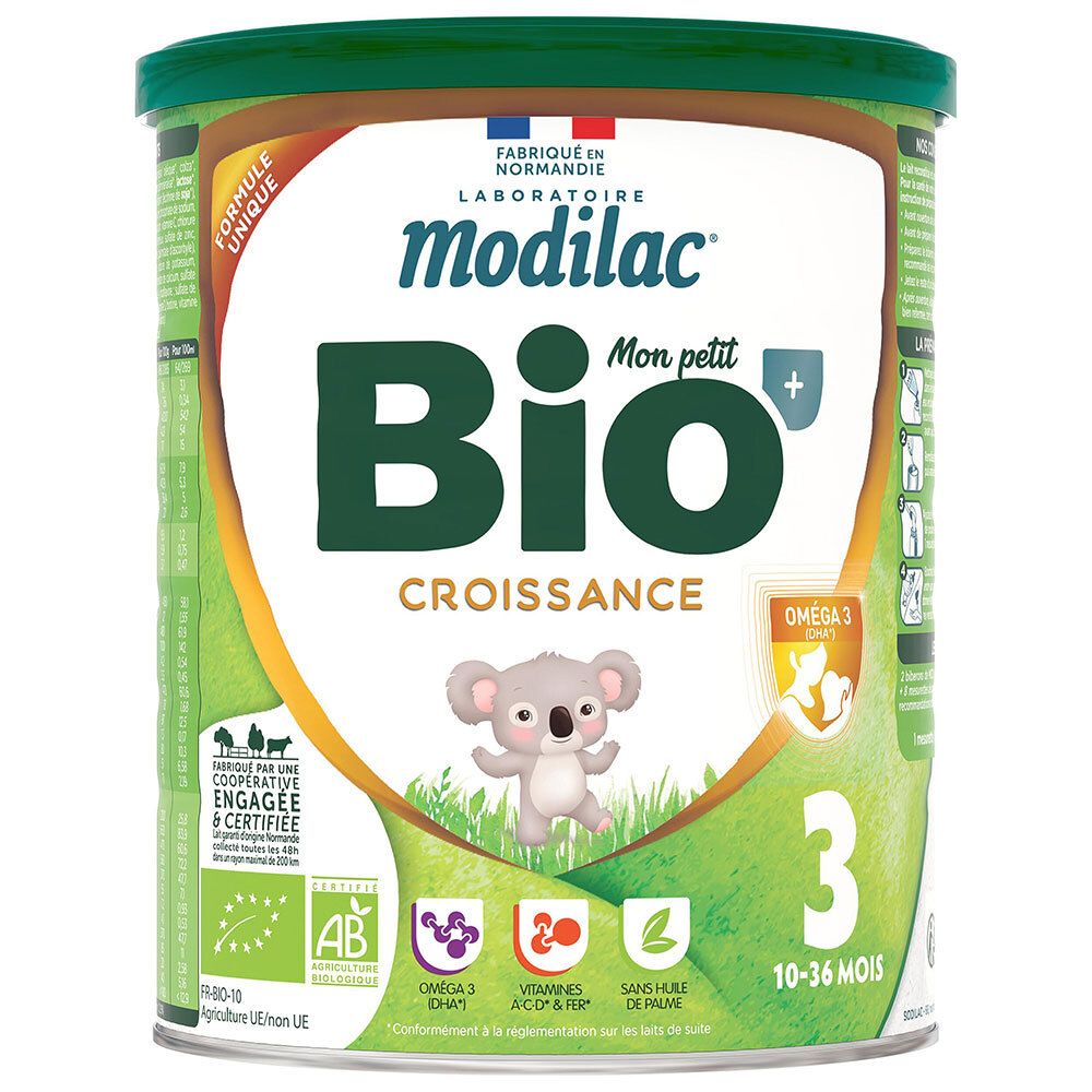 Boîte de lait Modilac 3 Bio Croissance avec motif koala et logos Bio.