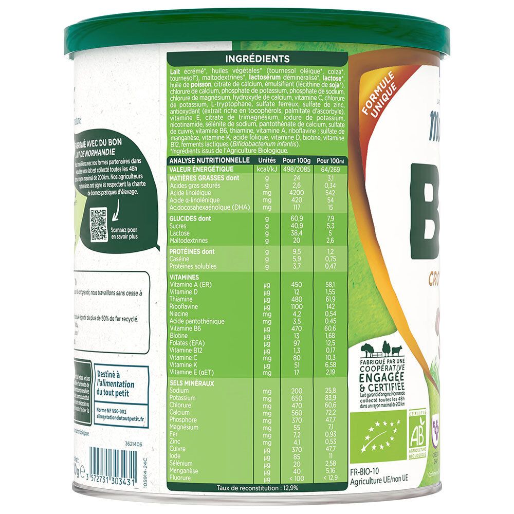 Arrière d'une boîte de lait Modilac 3 Bio Croissance avec tableau nutritionnel et ingrédients.
