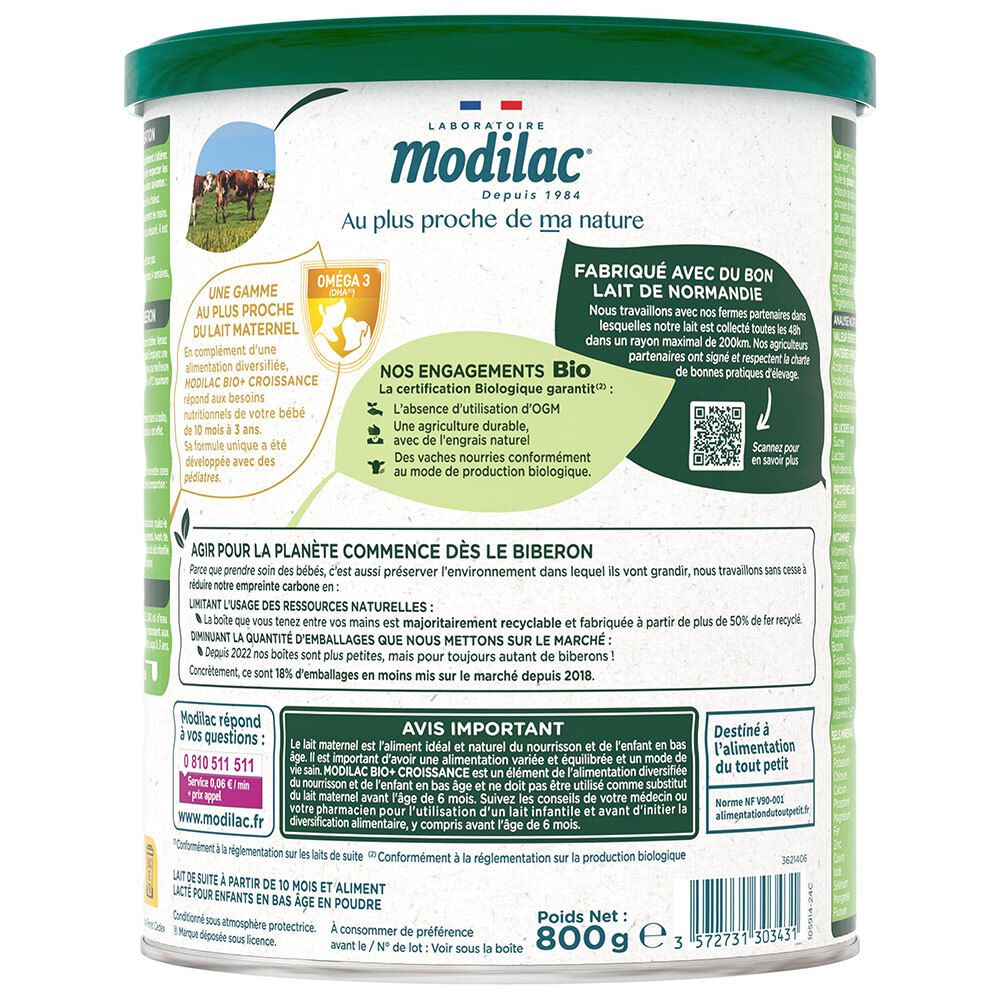 Arrière d'une boîte de lait Modilac 3 Bio Croissance avec logos Bio et informations sur l'origine.