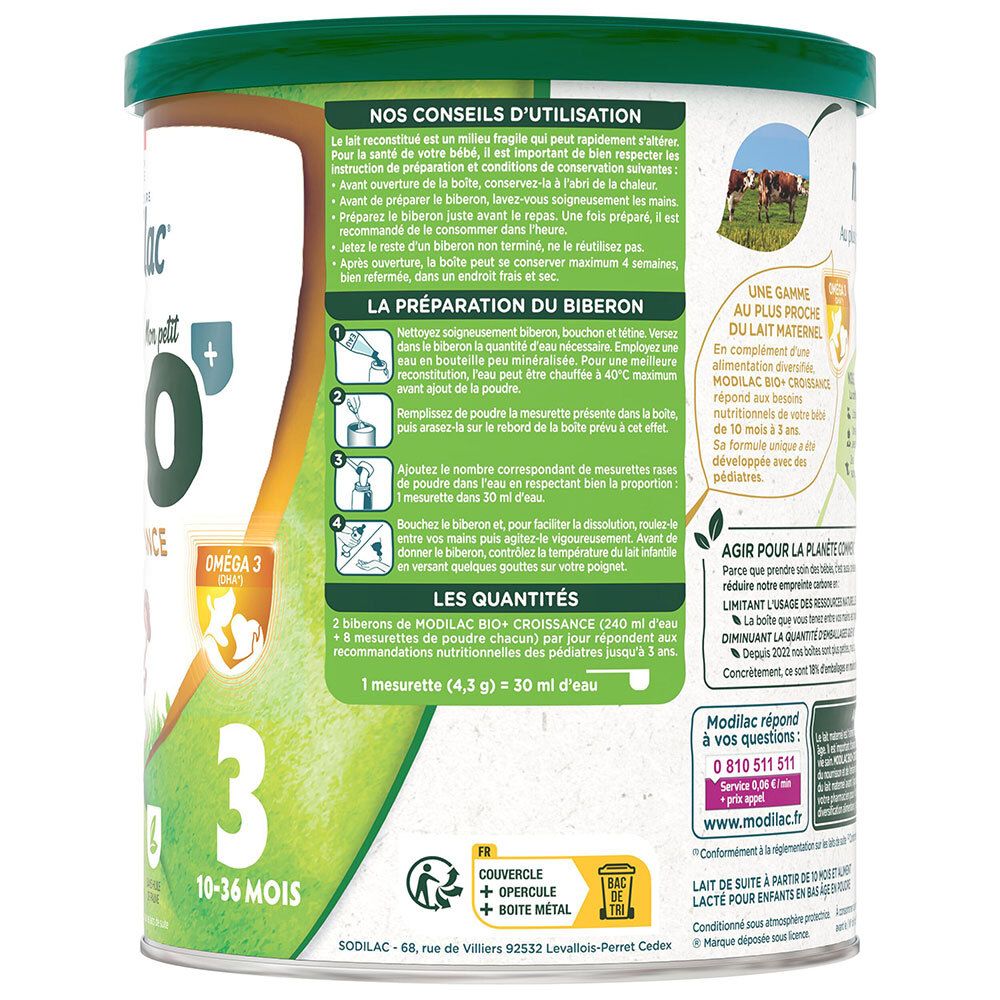 Arrière d'une boîte de lait Modilac 3 Bio Croissance avec instructions de préparation et logos Bio.