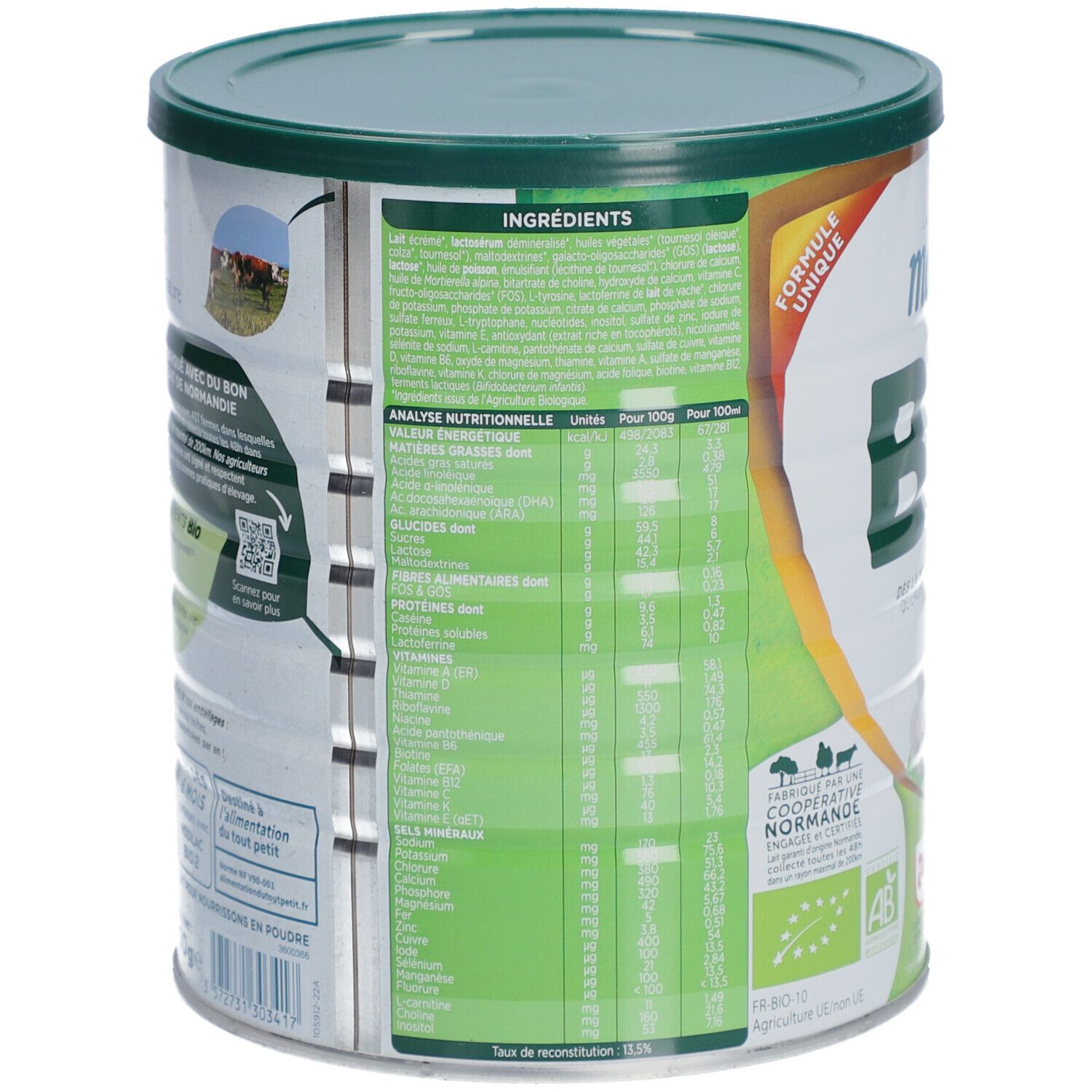 Dos de la boîte de lait en poudre pour bébé. Contient des informations nutritionnelles et une liste d'ingrédients. Certification bio.