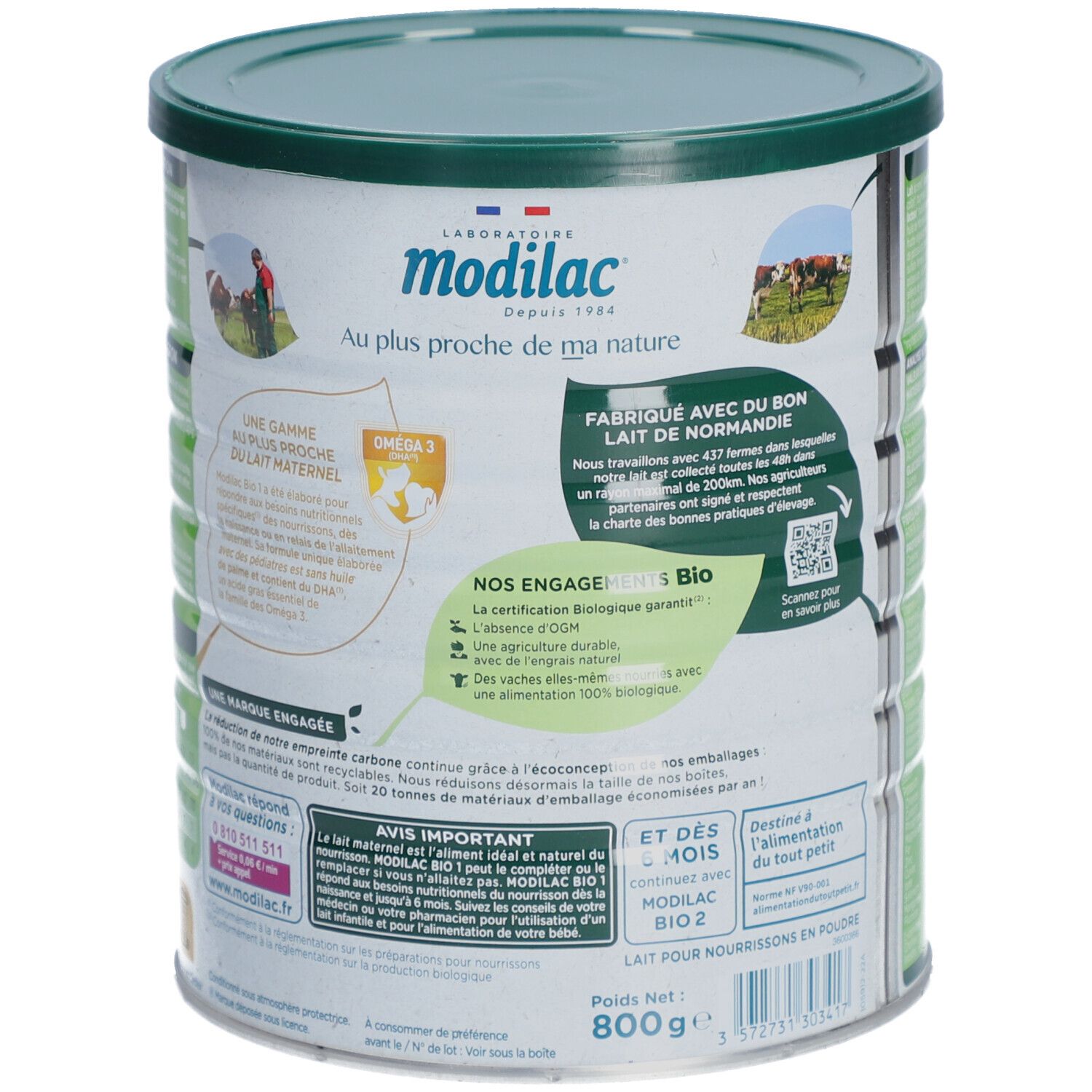 Dos de la boîte de lait en poudre. Texte sur la fabrication et la certification bio. Code QR.