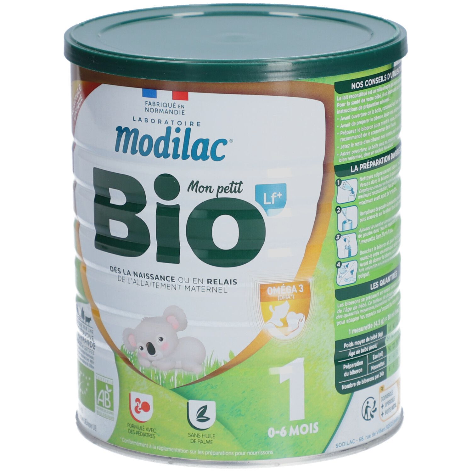 Boîte de lait en poudre pour bébé. Design vert et blanc avec logo et texte. Certification bio. Illustration koala.