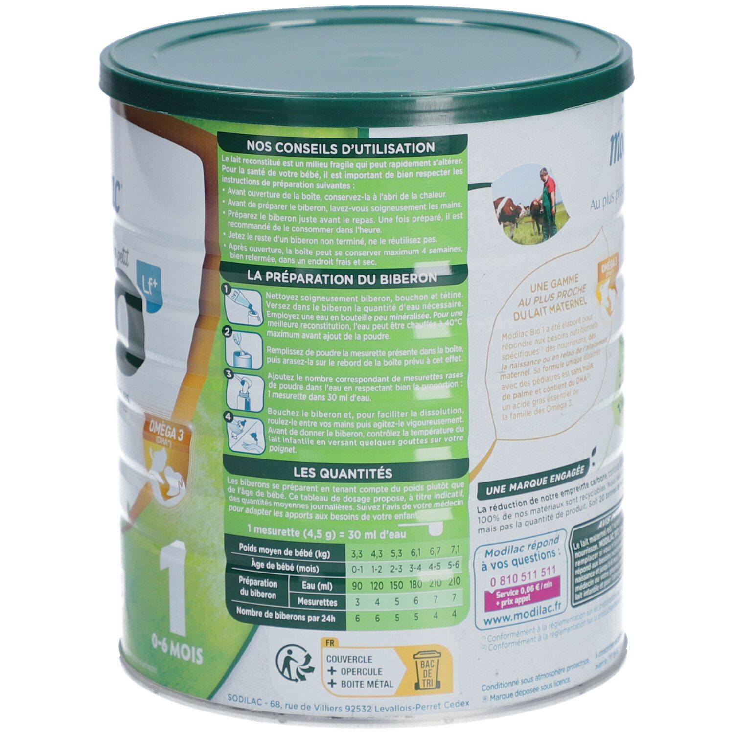 Dos de la boîte de lait en poudre. Instructions d'utilisation et tableaux de dosage. Certification bio.