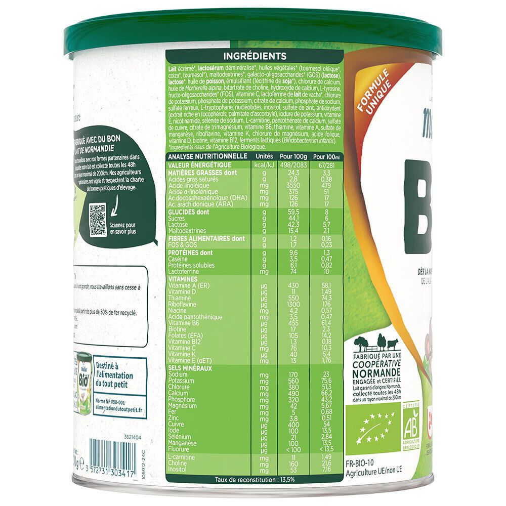 Arrière de la boîte Modilac Mon Petit Bio 1 avec ingrédients et tableau nutritionnel.