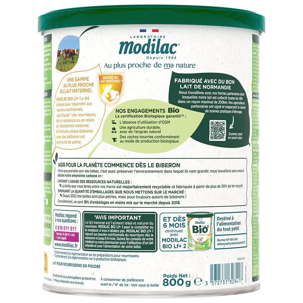 Arrière de la boîte Modilac Mon Petit Bio 1 avec informations sur la certification bio et la fabrication.