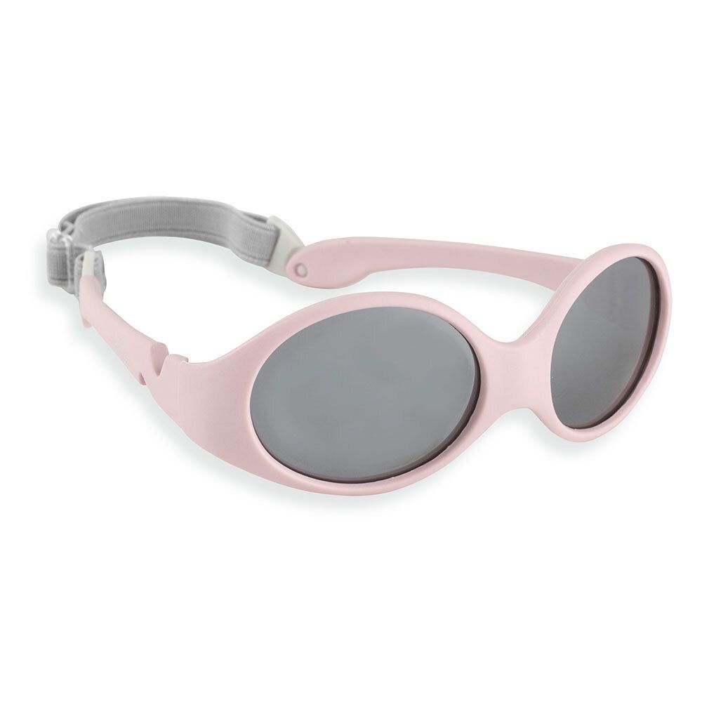 Lunettes de soleil bébé roses avec verres gris et bandeau. Design ovale.