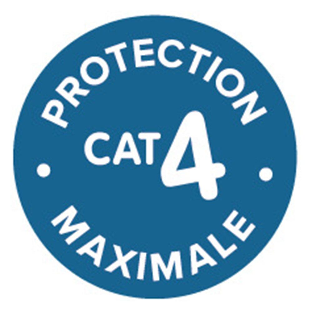 Autocollant bleu avec texte blanc : PROTECTION MAXIMALE CAT 4.