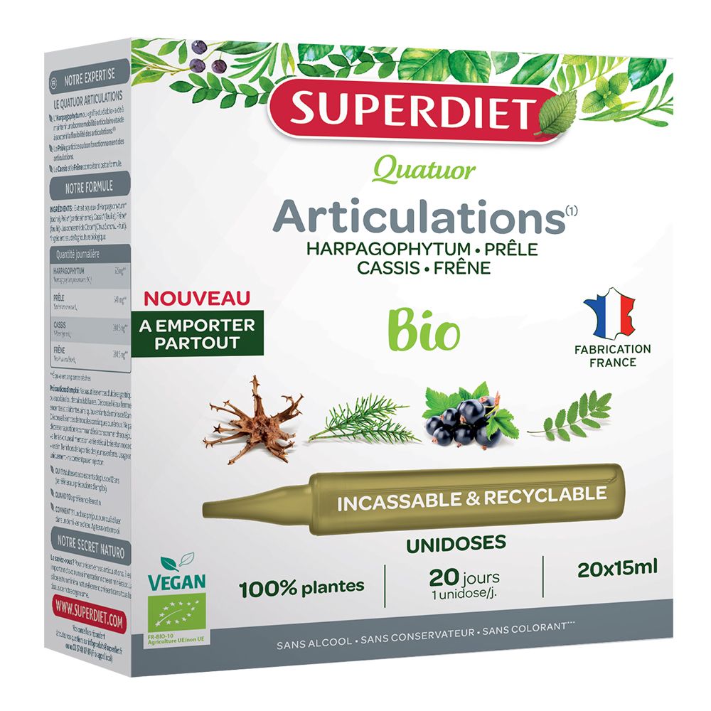 Boîte de QUATUOR ARTICULATIONS BIO. Contient 20 unidoses de 15 ml. Vegan, 100% plantes, sans alcool, conservateur ni colorant.