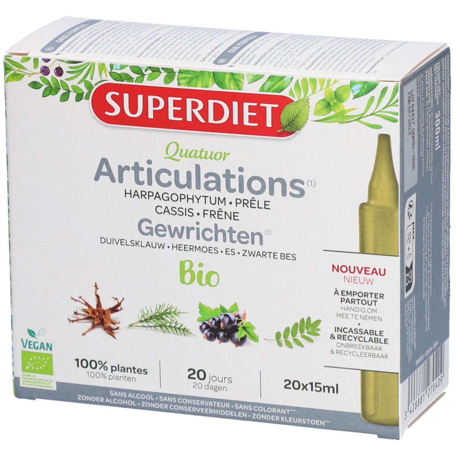 Boîte de produit avec nom et ingrédients. Contient 20 ampoules. Label Vegan.