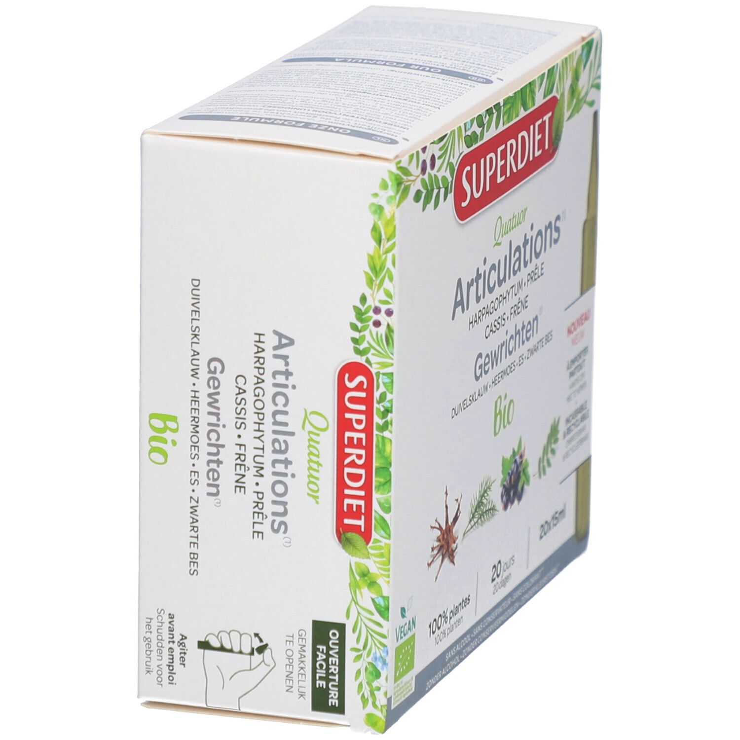 Emballage du produit avec nom et ingrédients. Label Vegan.
