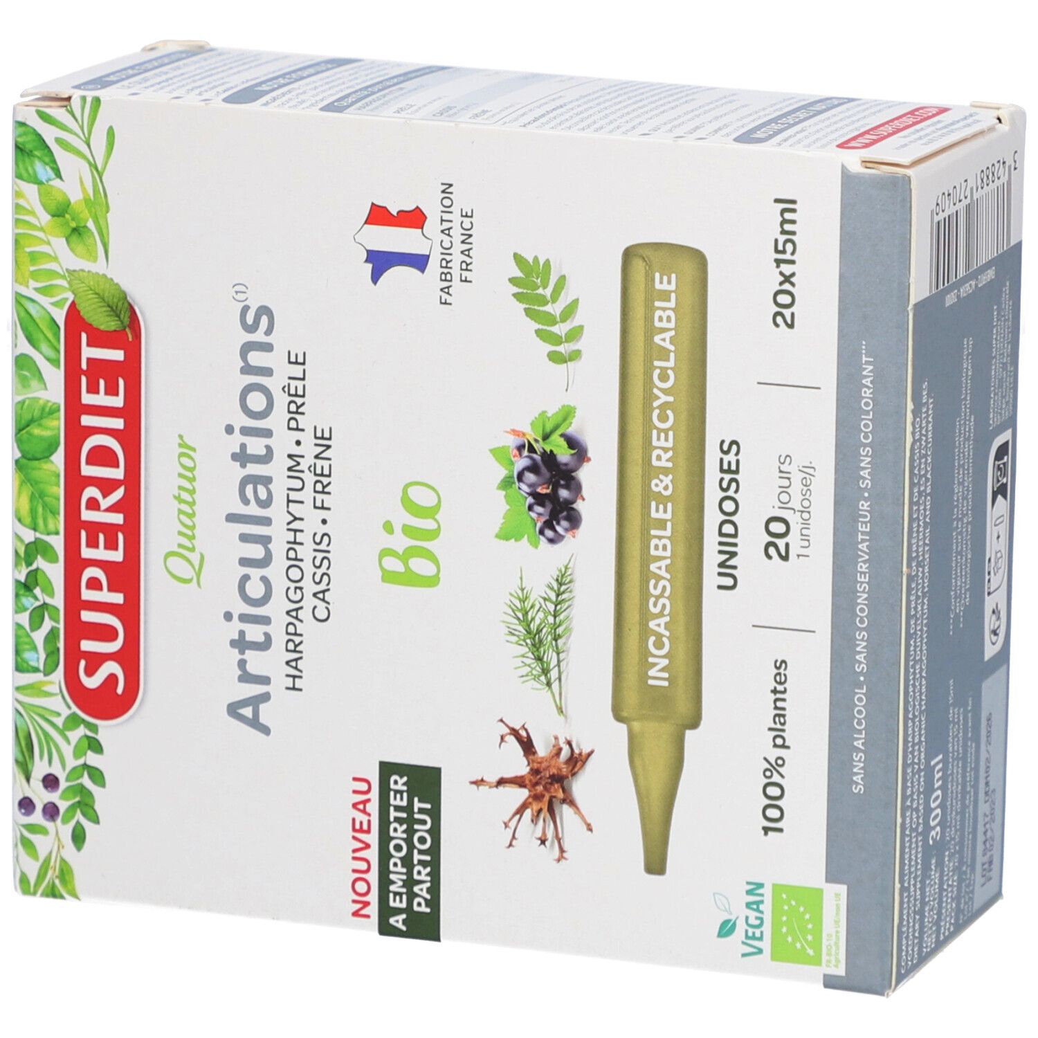 Emballage du produit avec nom et ingrédients. Contient 20 doses uniques. Label Vegan.