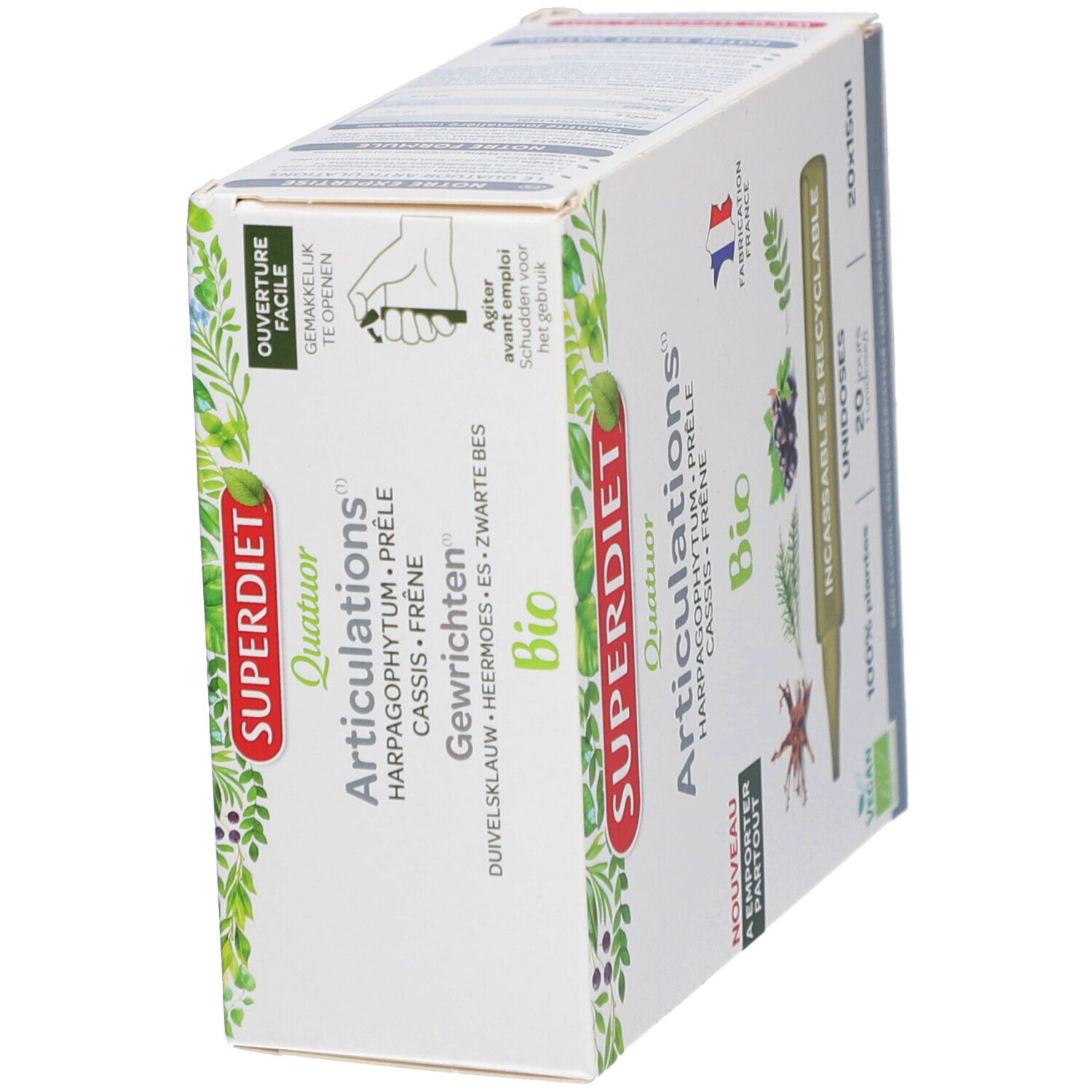 Emballage du produit avec nom et ingrédients. Contient 20 doses uniques. Label Vegan.