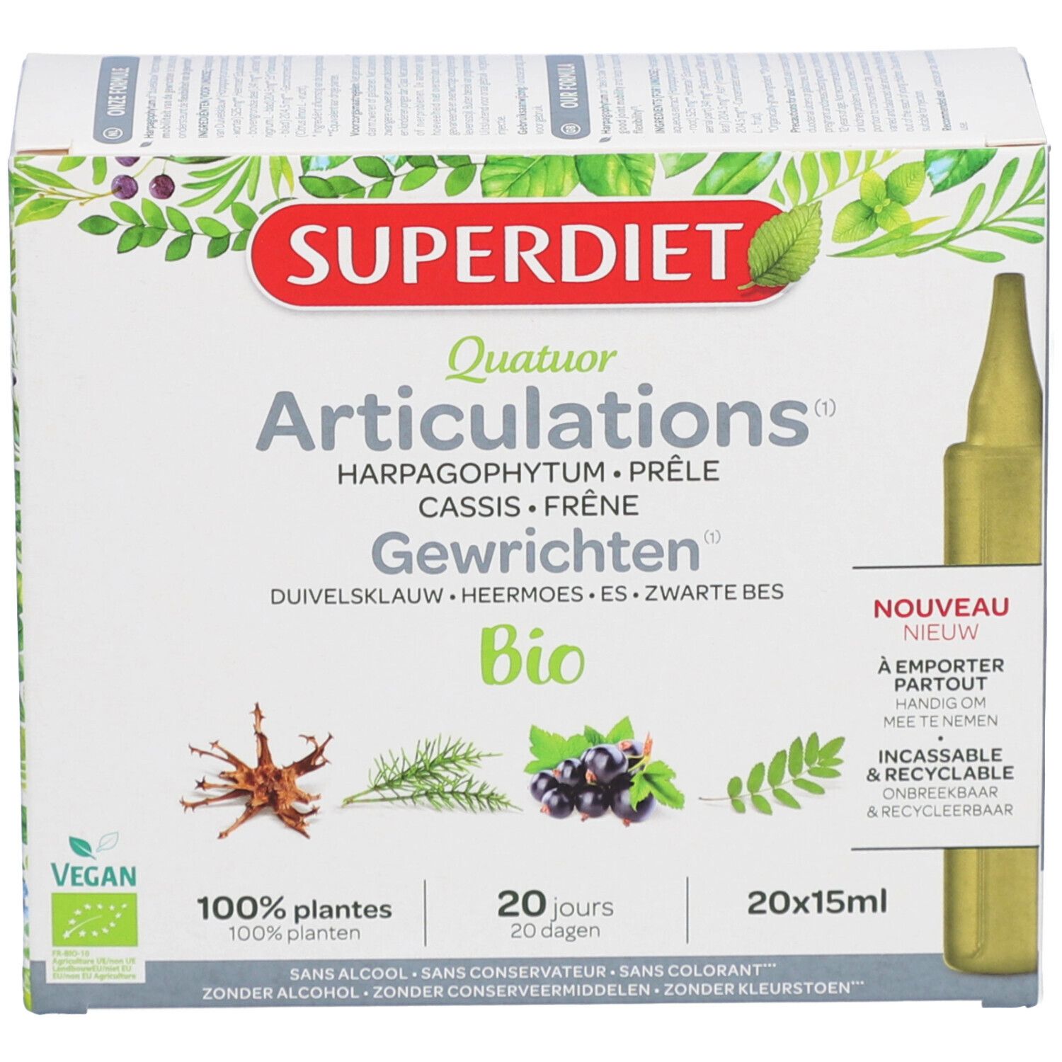 Boîte de produit avec nom et ingrédients. Contient 20 ampoules. Label Vegan.
