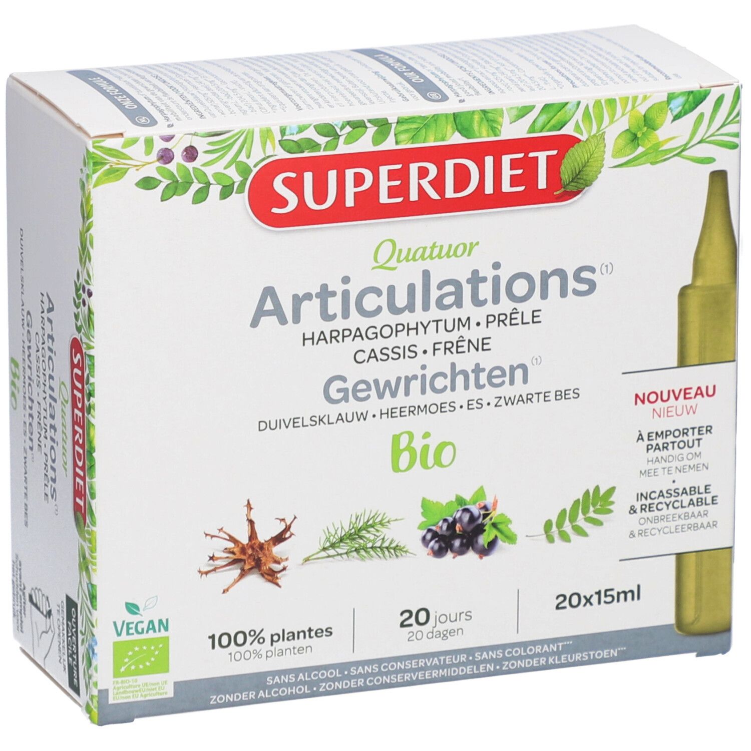 Boîte de produit avec nom et ingrédients. Contient 20 ampoules. Label Vegan.
