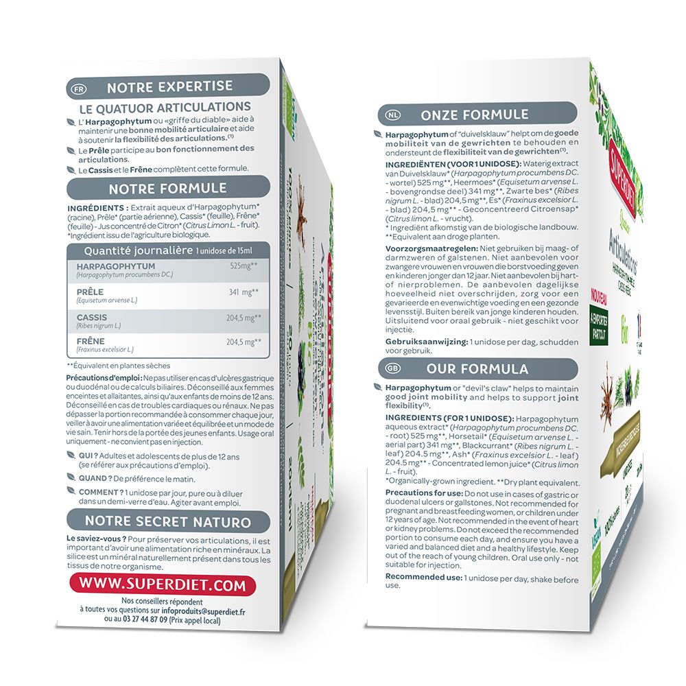 Dos de la boîte avec ingrédients et instructions. Contient Harpagophytum, Prêle, Cassis et Frêne.