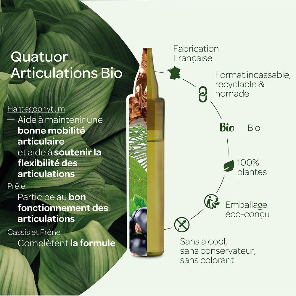Image du produit avec ingrédients. Contient Harpagophytum, Prêle, Cassis et Frêne. Format incassable, recyclable.