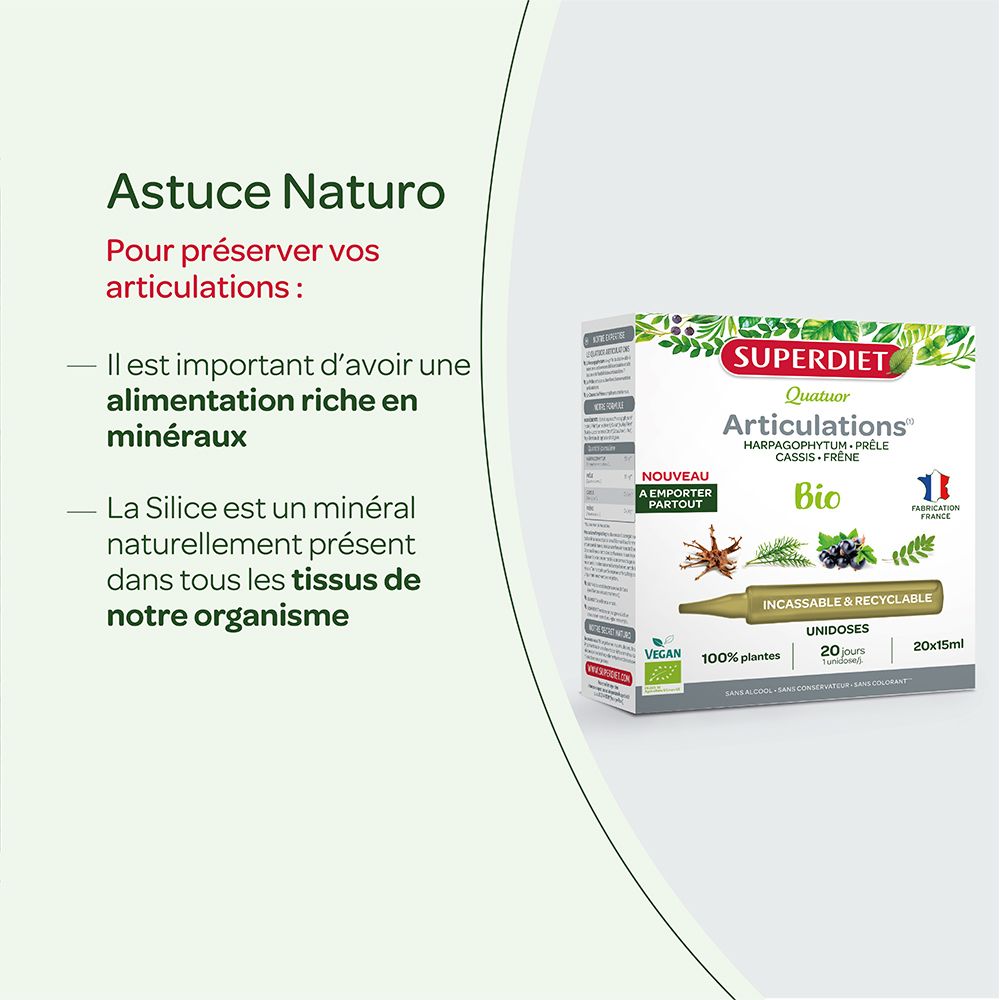 Conseils pour préserver les articulations. Recommandation pour une alimentation riche en minéraux. Contient de la silice.