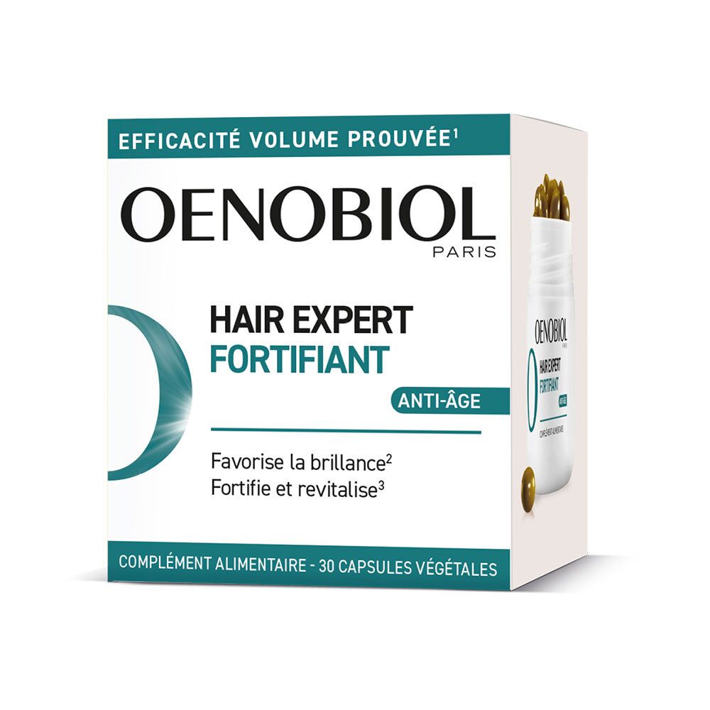 Boîte OENOBIOL Hair Expert Fortifiant. Contient 30 capsules. Texte: Efficacité et volume prouvés.