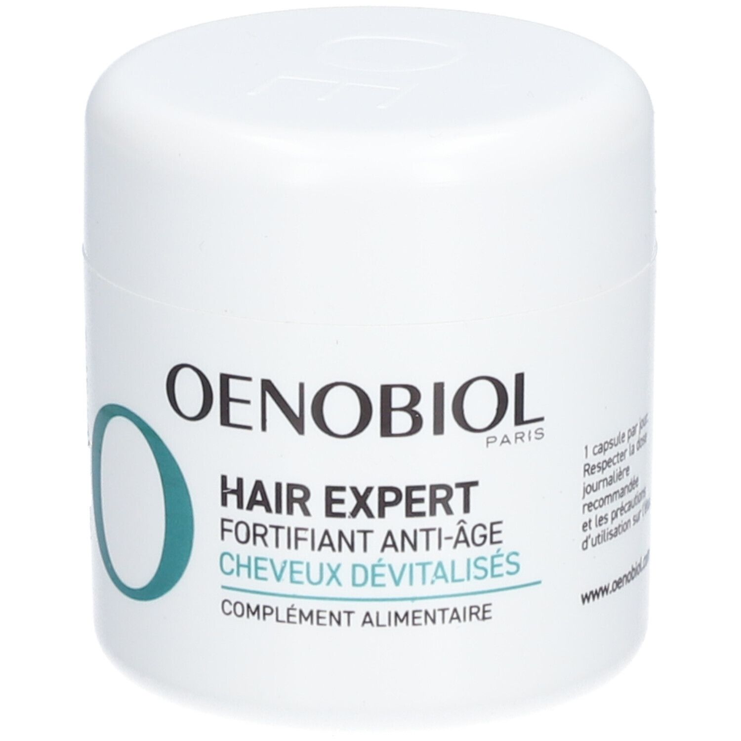 Pot blanc OENOBIOL. Texte: HAIR EXPERT, FORTIFIANT ANTI-ÂGE, CHEVEUX DÉVITALISÉS. Complément alimentaire.