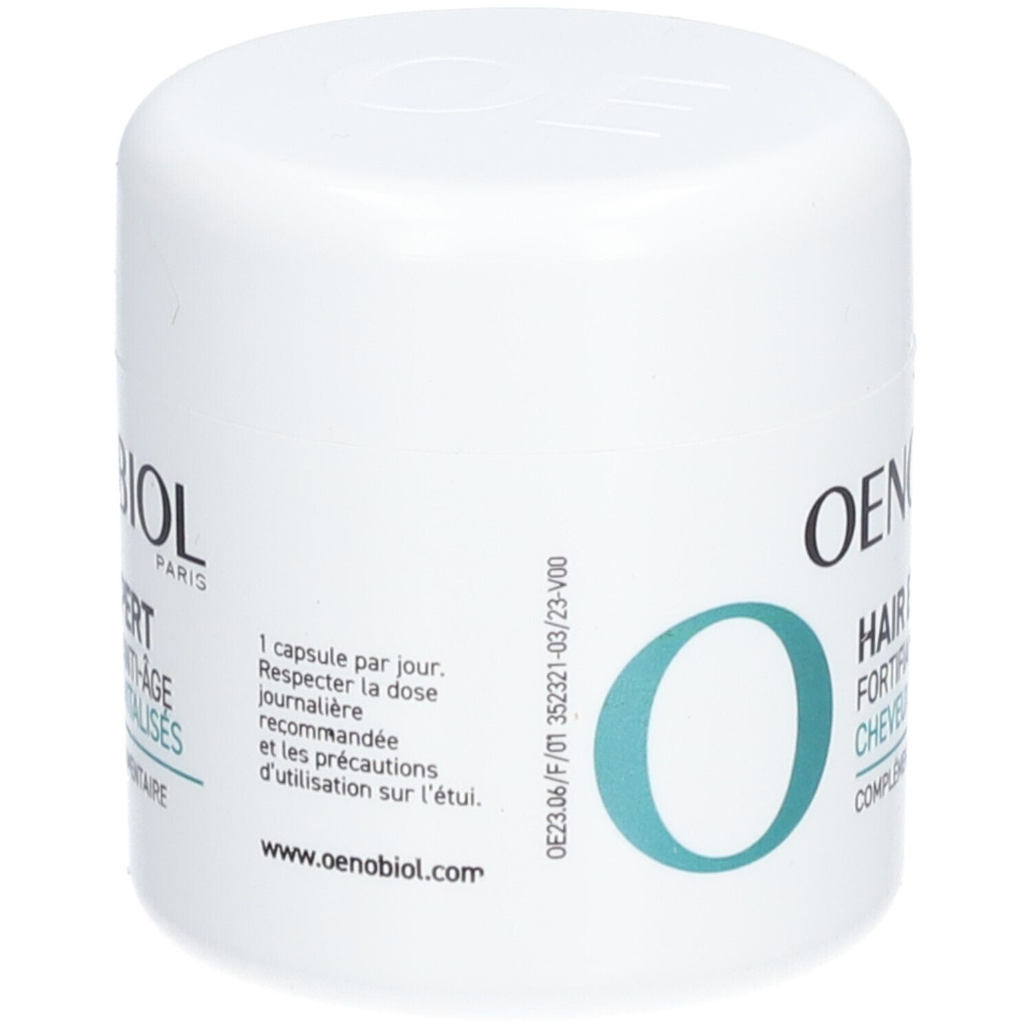 Pot blanc OENOBIOL. Texte: HAIR EXPERT, FORTIFIANT ANTI-ÂGE, CHEVEUX DÉVITALISÉS. Complément alimentaire.